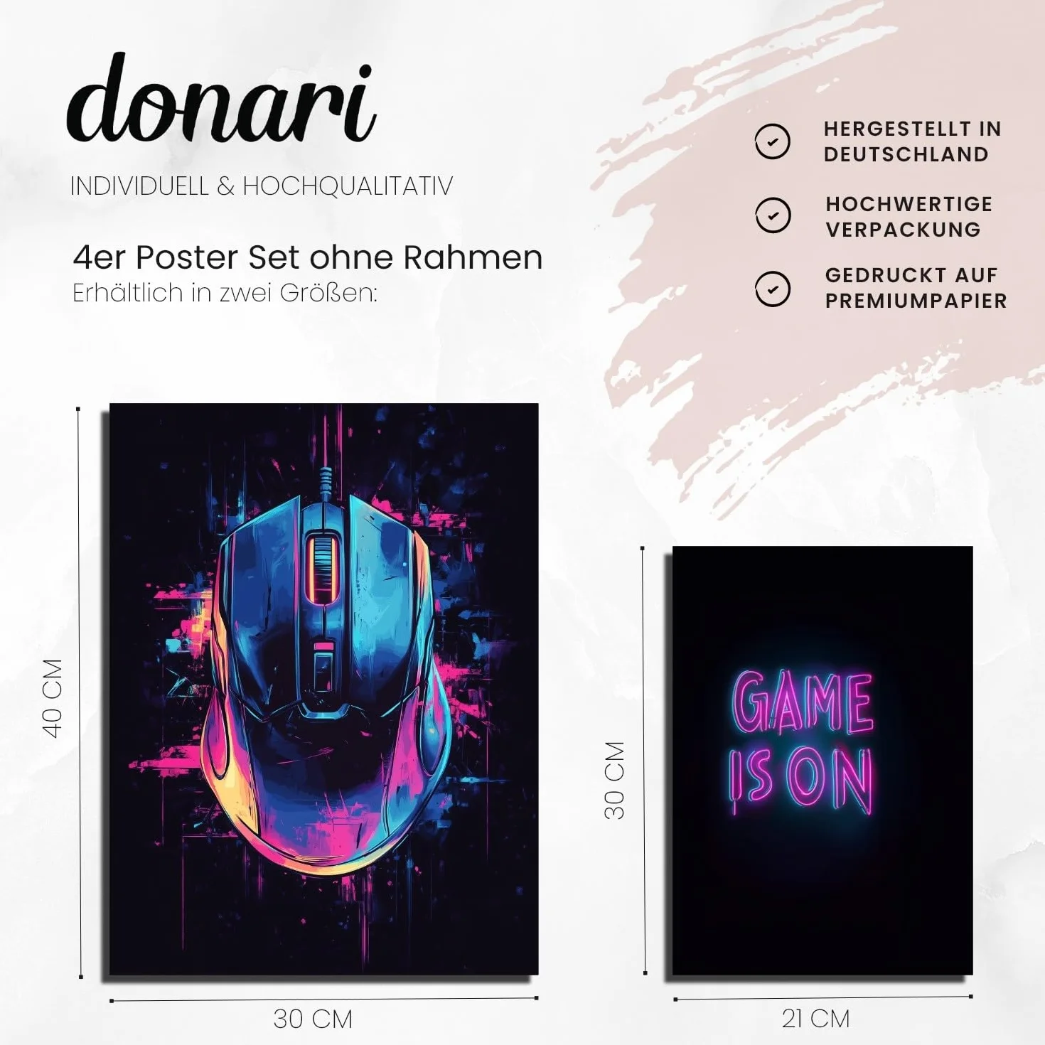 Donari Zestaw 4 plakatów dla graczy – obraz gamingowy jako dekoracja do pokoju gier – dekoracja ścienna do pokoju gracza, wygląd LED, zestaw obrazów A4, z ramą lub bez ramki (motyw 3, 30 x 40 cm, w