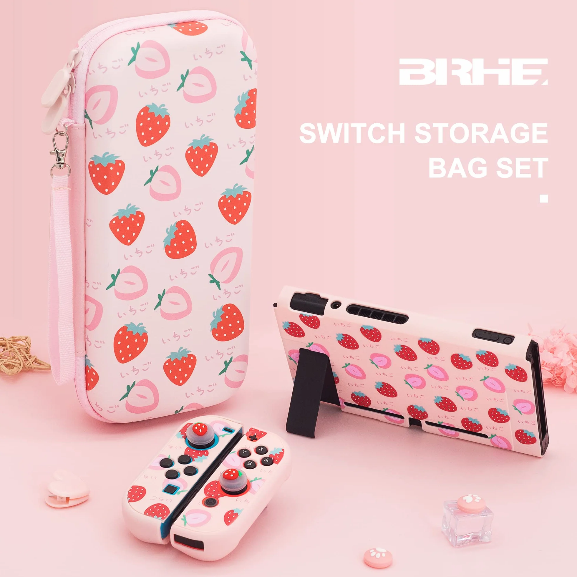 BRHE Switch pokrowiec Case etui do Nintendo Switch, akcesoria podróżne, torba do przenoszenia, zestaw z torbą do gry i 2 nakładkami na kciuki (różowe)