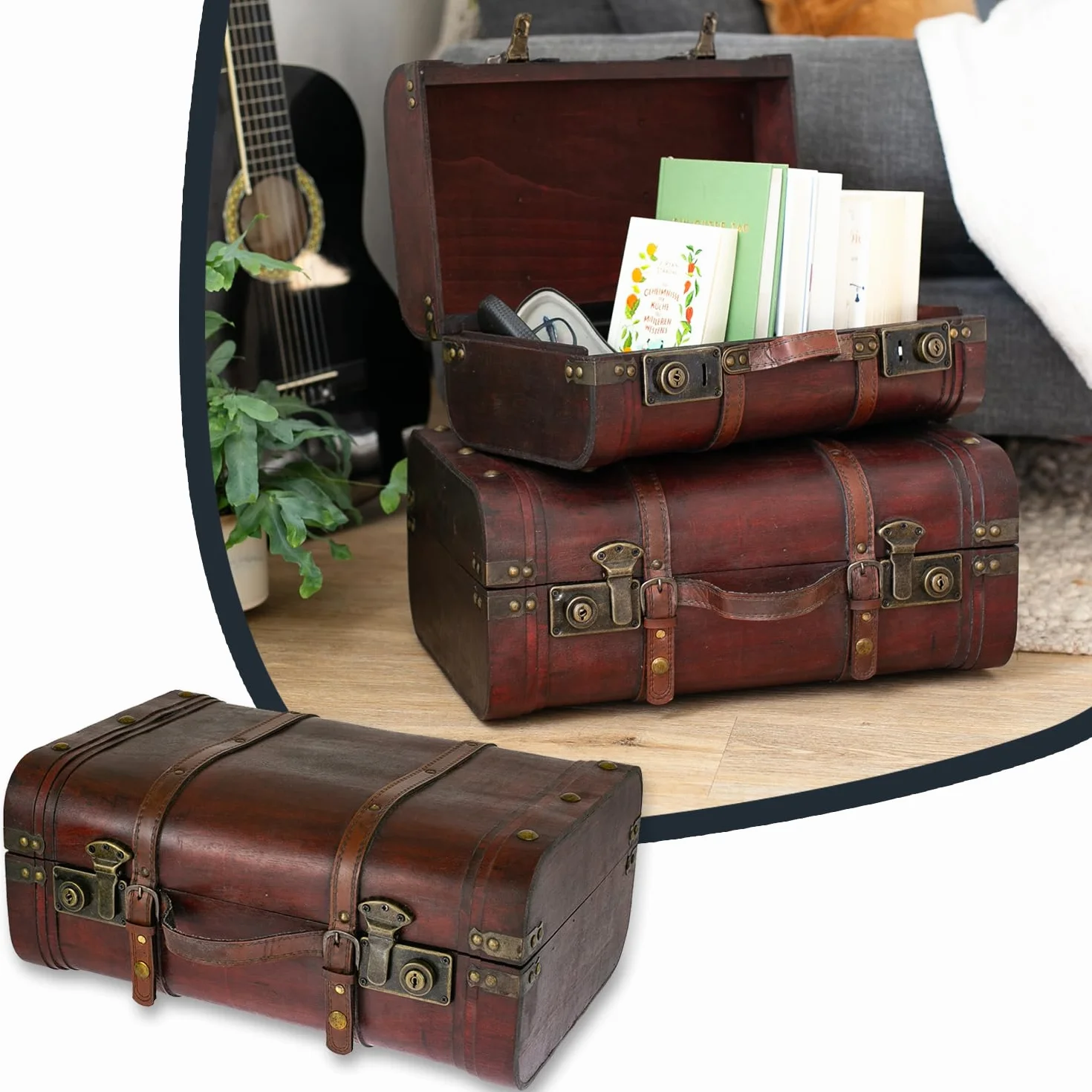 HMF 6412-145 Drewniana skrzynia na skarby, walizka w stylu vintage, duża, Peru, 45 x 30,5 x 20 cm