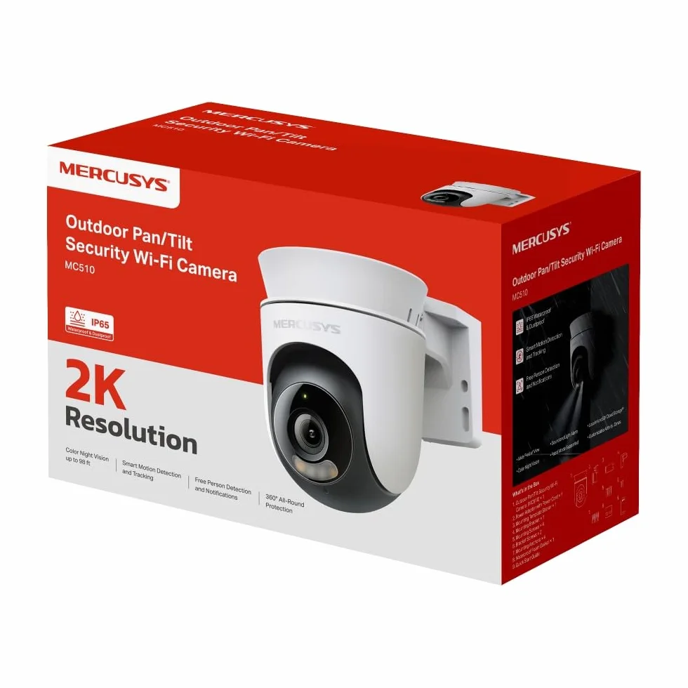 MERCUSYS MC510 Zewnętrzna kamera WiFi 2K 3 MP, kamera monitorująca 360°, kolorowy noktowizor, dwukierunkowy dźwięk, wykrywanie ruchu, alarm/powiadomienia, strefa prywatności, obsługuje 512 GB microSD