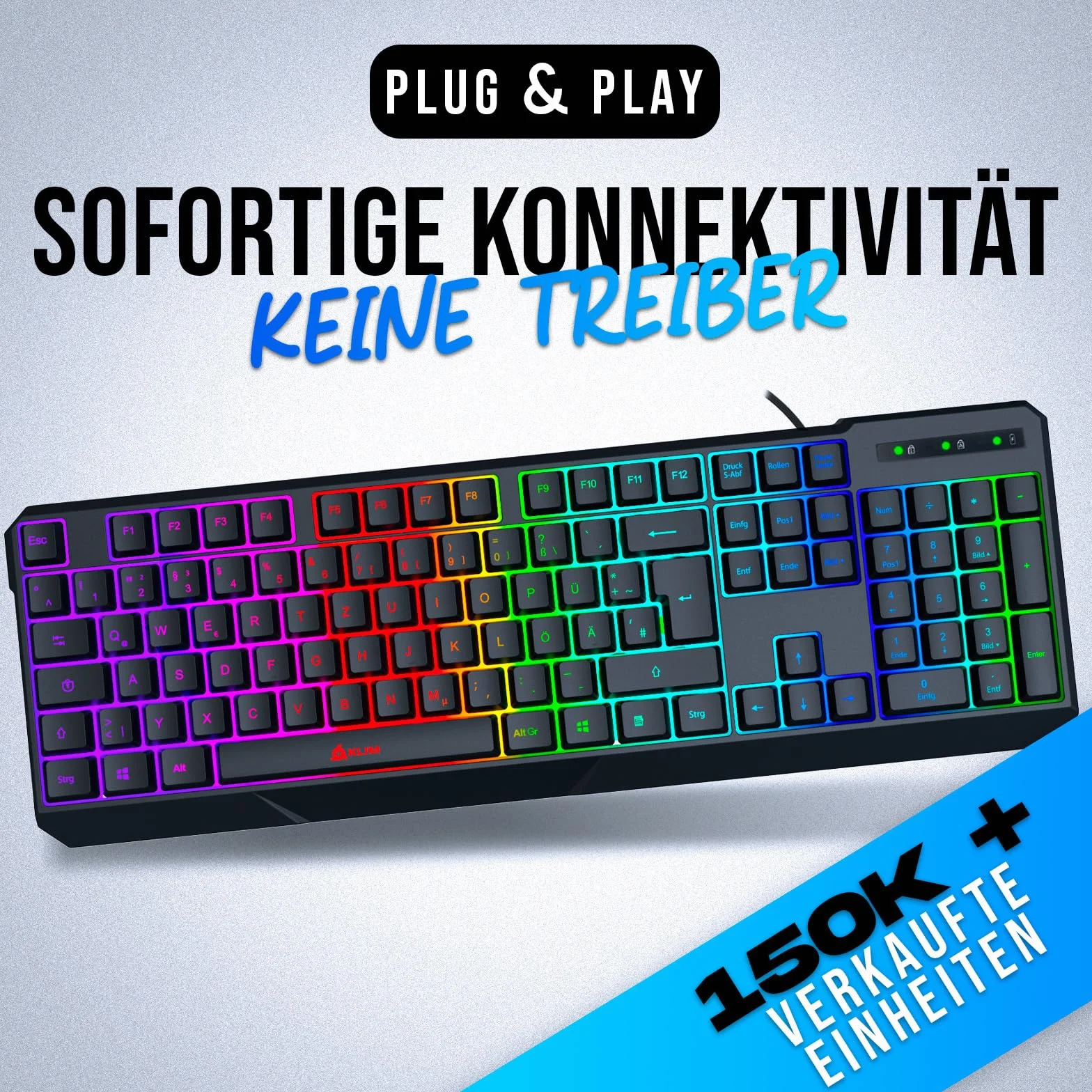 KLIM Chroma klawiatura gamingowa QWERTZ DEUTSCH z kablem USB + nowa wersja 2022 + trwała, wodoszczelna, ciche klawisze + klawiatura gamingowa RGB do PC Mac, Xbox One X, PS4, PS5 + czarna