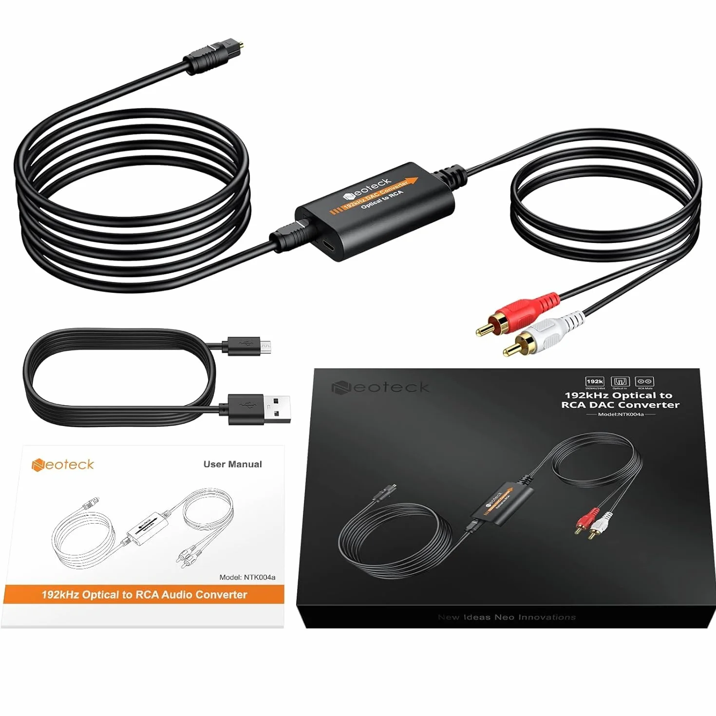 Neoteck DA Converter 192kHz DAC Converter 2.1m Kabel optyczny na RCA z wbudowanym wzmacniaczem audio Optyczny przetwornik cyfrowo-analogowy audio do telewizorów HD, dekoderów, odtwarzaczy DVD/Blu-ray