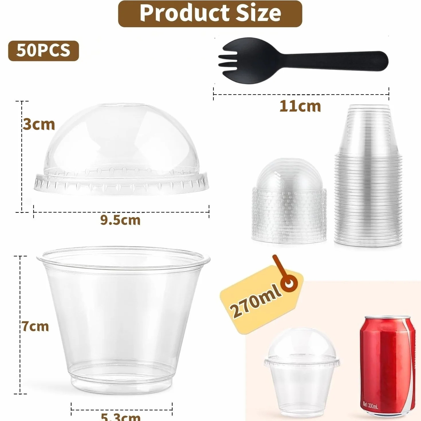 Plastikowe kubki deserowe 50 szt. 270 ml przezroczyste z pokrywkami kopułowymi