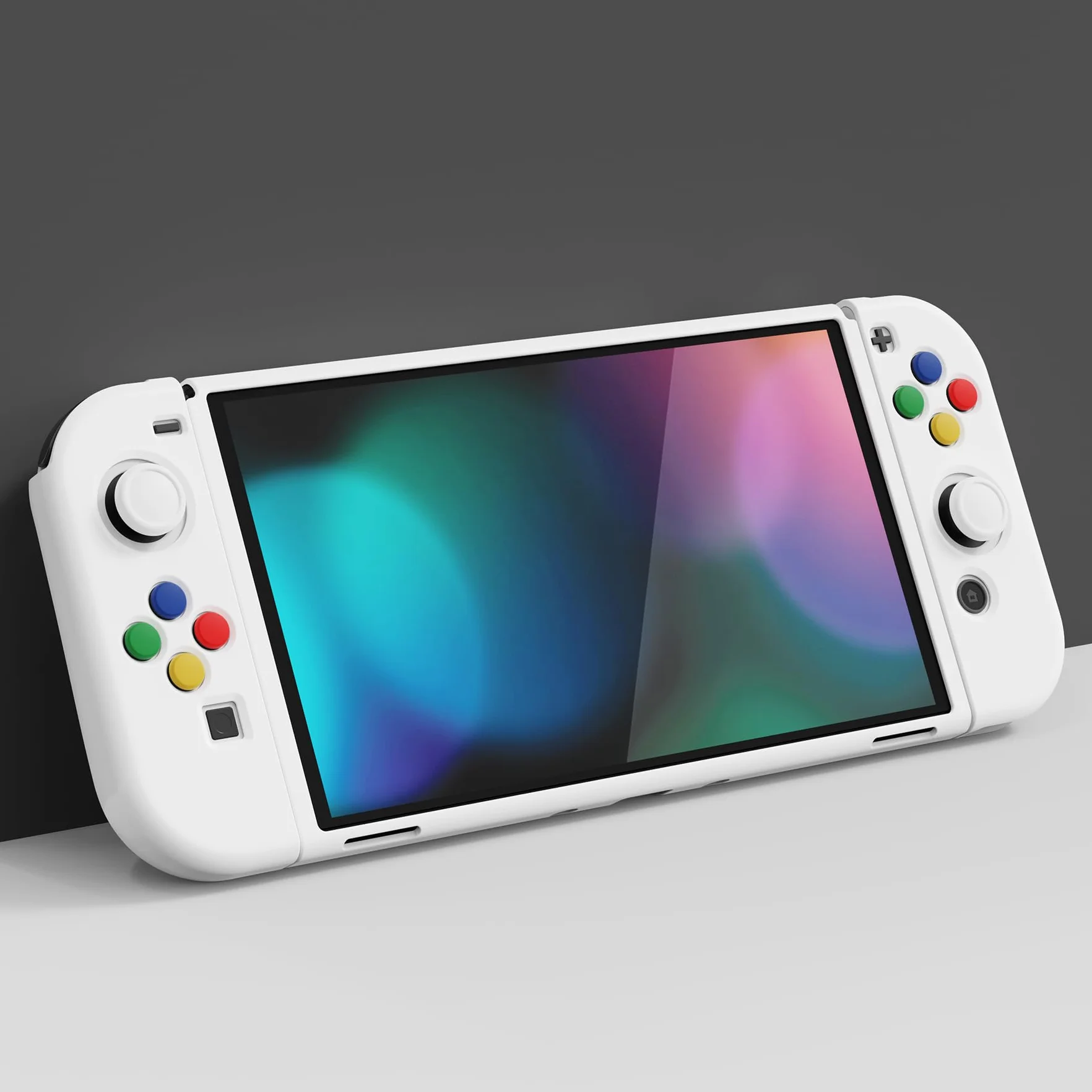 PlayVital Ochronny do Nintendo Switch OLED,Miękkie Etui TPU Slim na Switch OLED Konsolą,ZealProtect Joycon Grip Cover do Switch OLED z Nakładki na Kciuki&Przyciski Kierunkowe ABXY-Biały