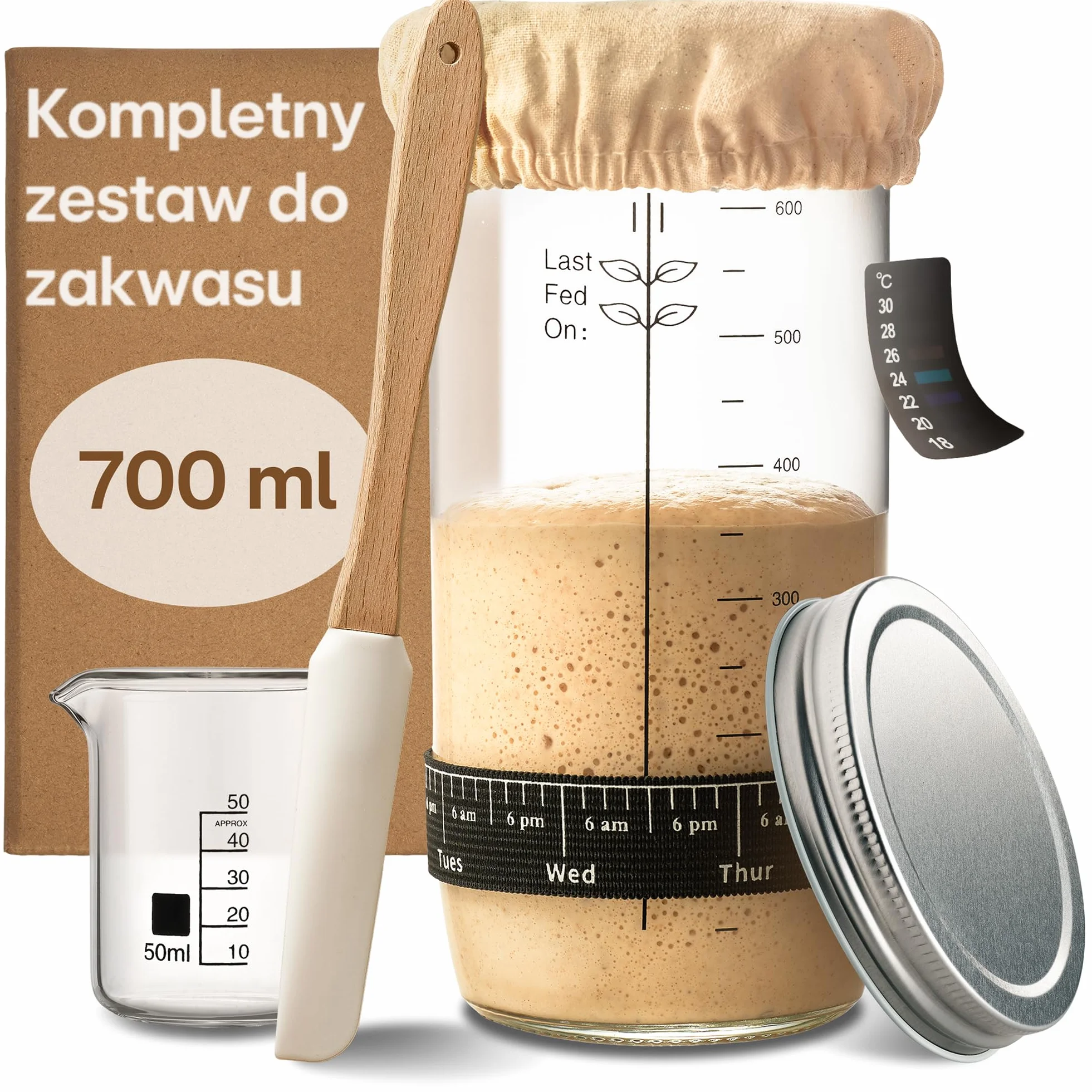 Praknu Zestaw Startowy do Zakwasu ze Szkła (700ml) Kompletny zestaw z przewodnikiem dla początkujących & pieczenie w domu – Idealny na prezent
