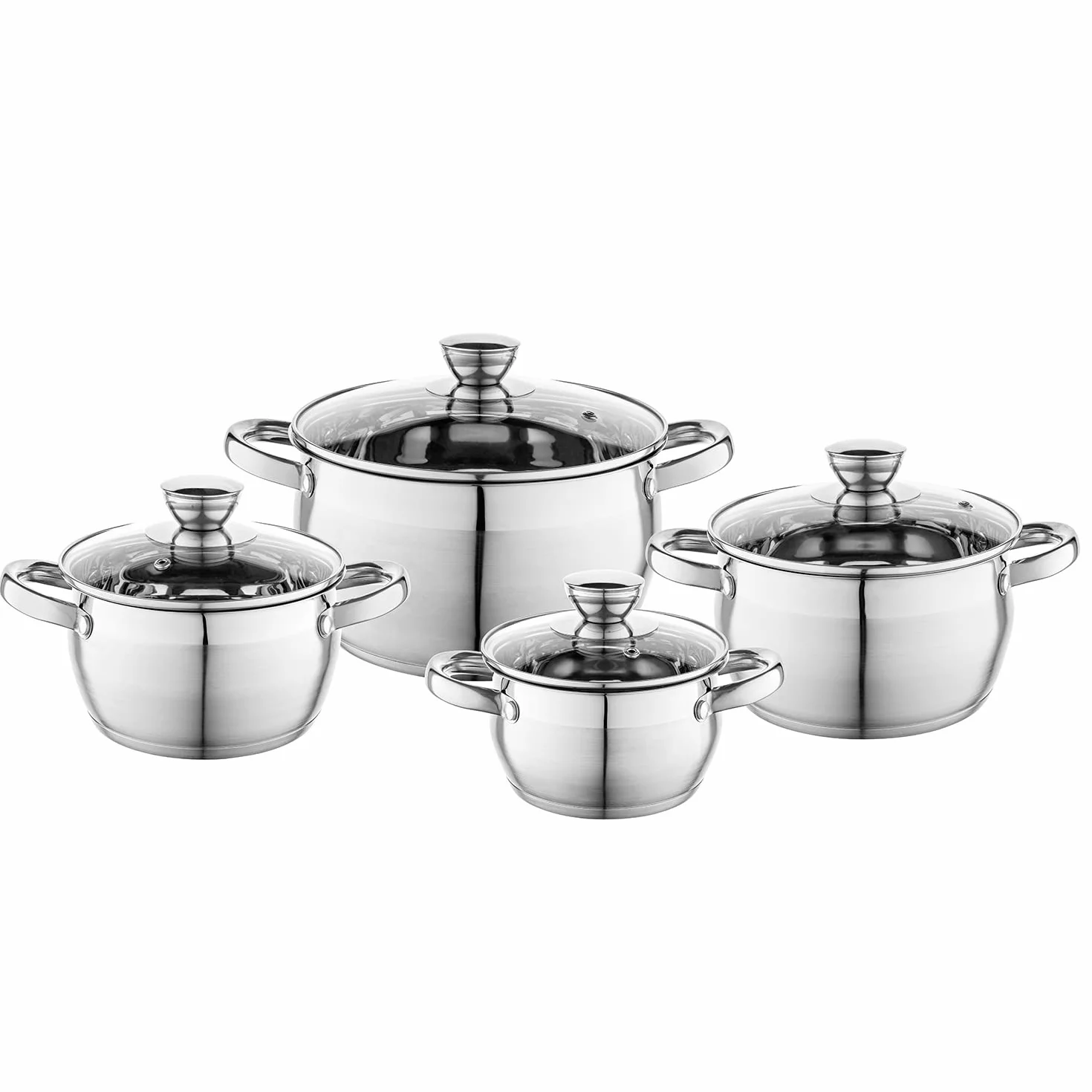 FLORINA Oliver Bateria kuchenna ze stali nierdzewnej 8 sztuk Indukcja 4 garnki 4 szklane pokrywki 24 cm 20 cm 18 cm 16 cm Zmywarka