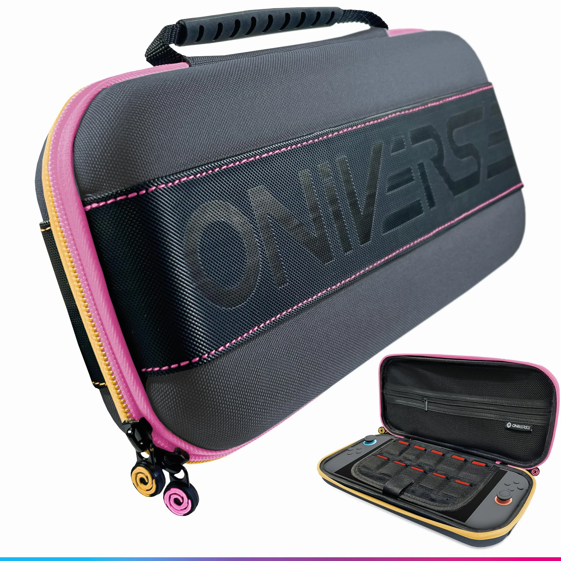 Oniverse Etui ochronne kompatybilne z Nintendo Switch 2/OLED/Switch – Sztywna wodoodporna torba z uchwytem, Wyściełane wnętrze, Miejsca na gry, Siatkowa kieszeń – Różowy
