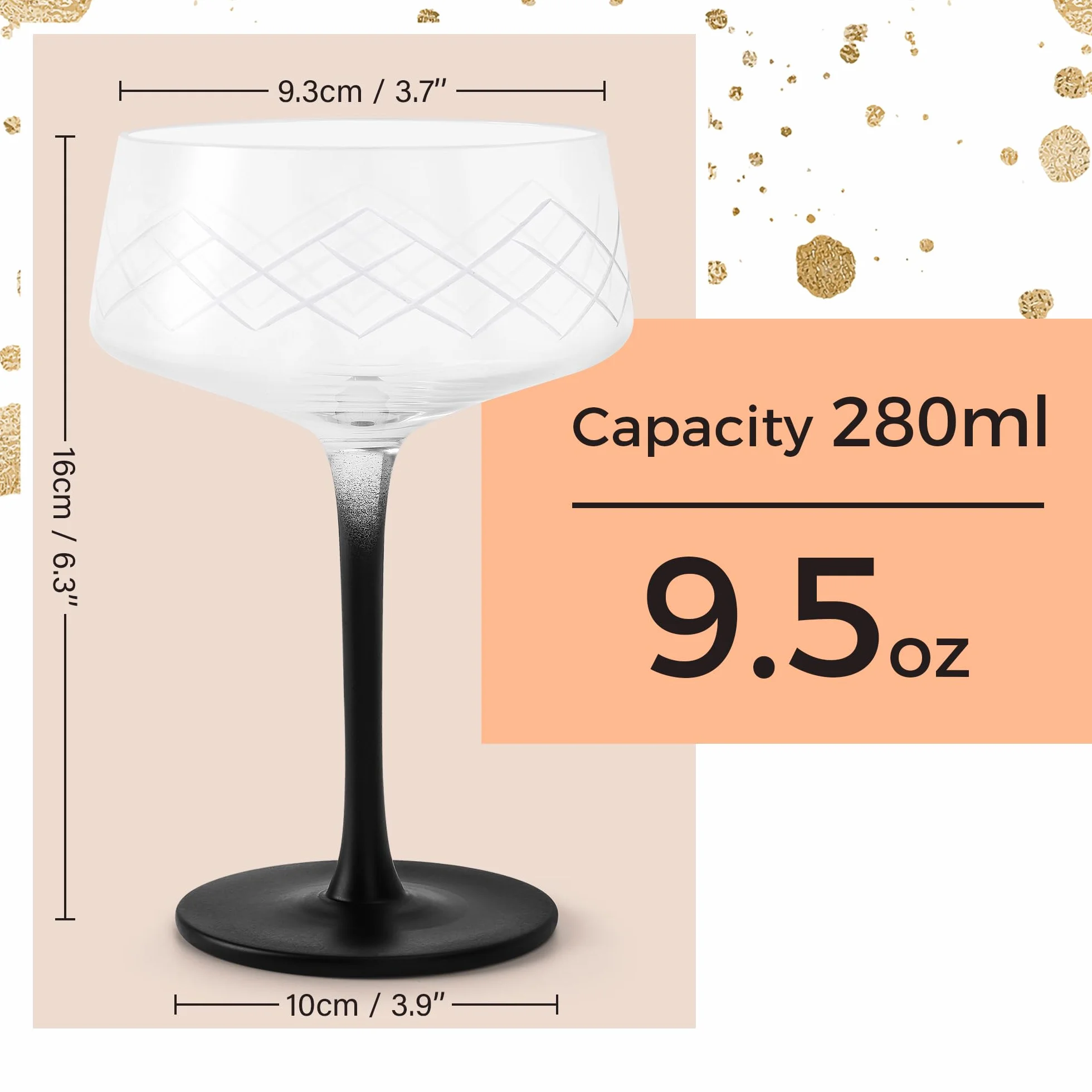 Zestaw 4 kieliszków coupe 280 ml ręcznie dmuchane kryształowe koktajlowe czarna nóżka Crystaluna