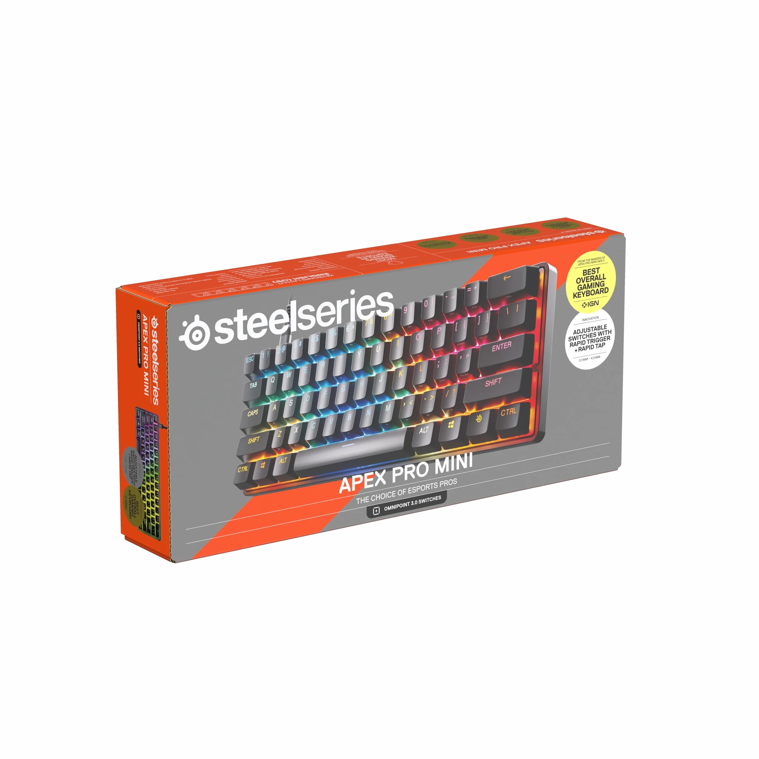 SteelSeries Apex Pro Mini Gen 3 - hipermagnetyczne przełączniki OmniPoint 3.0 – Regulowana aktywacja – Rapid Trigger – Ustawienia gier – Tryb ochrony – Rapid Tap/SOCD – RGB – nakładki z PBT -UK QWERTY