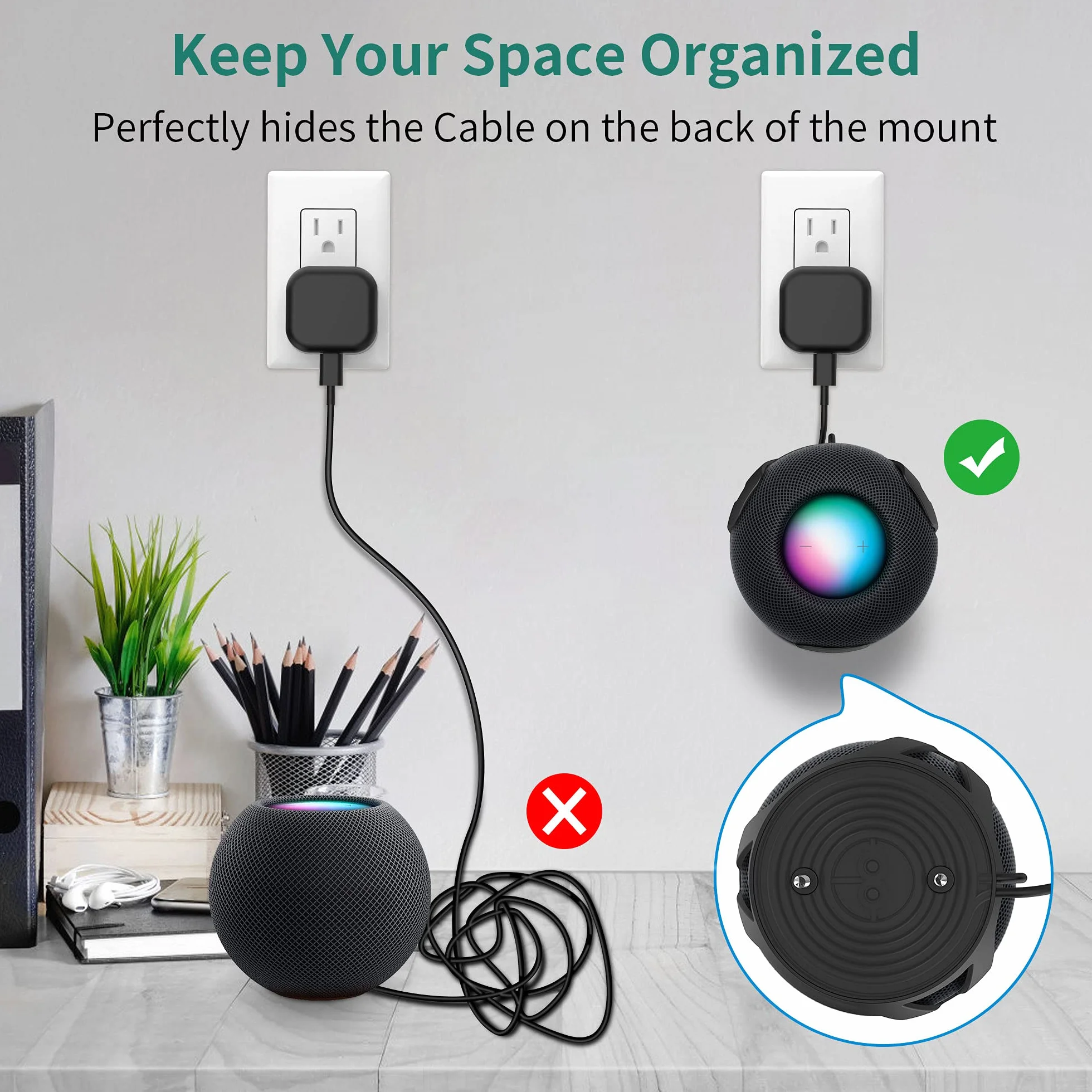 HomeMount Uchwyt ścienny kompatybilny z HomePod Mini – samoprzylepny lub wiercenie, idealne zarządzanie przewodem, oszczędność miejsca uchwyt i stojak do HomePod Mini