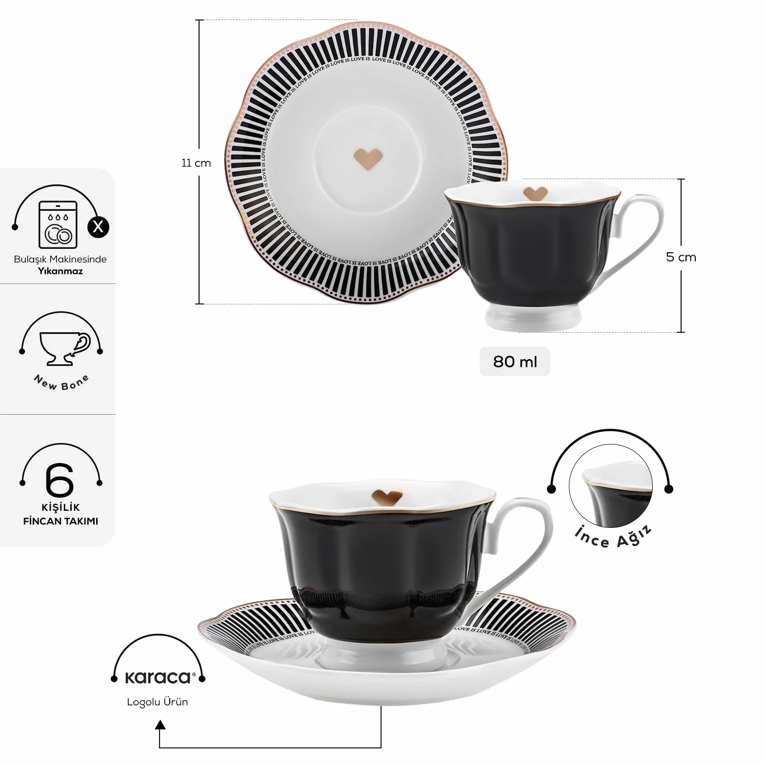 Karaca Piraye 12-częściowy porcelanowy zestaw filiżanek do kawy tureckiej dla 6 osób, 80 ml, czarno-biały, wielokolorowy