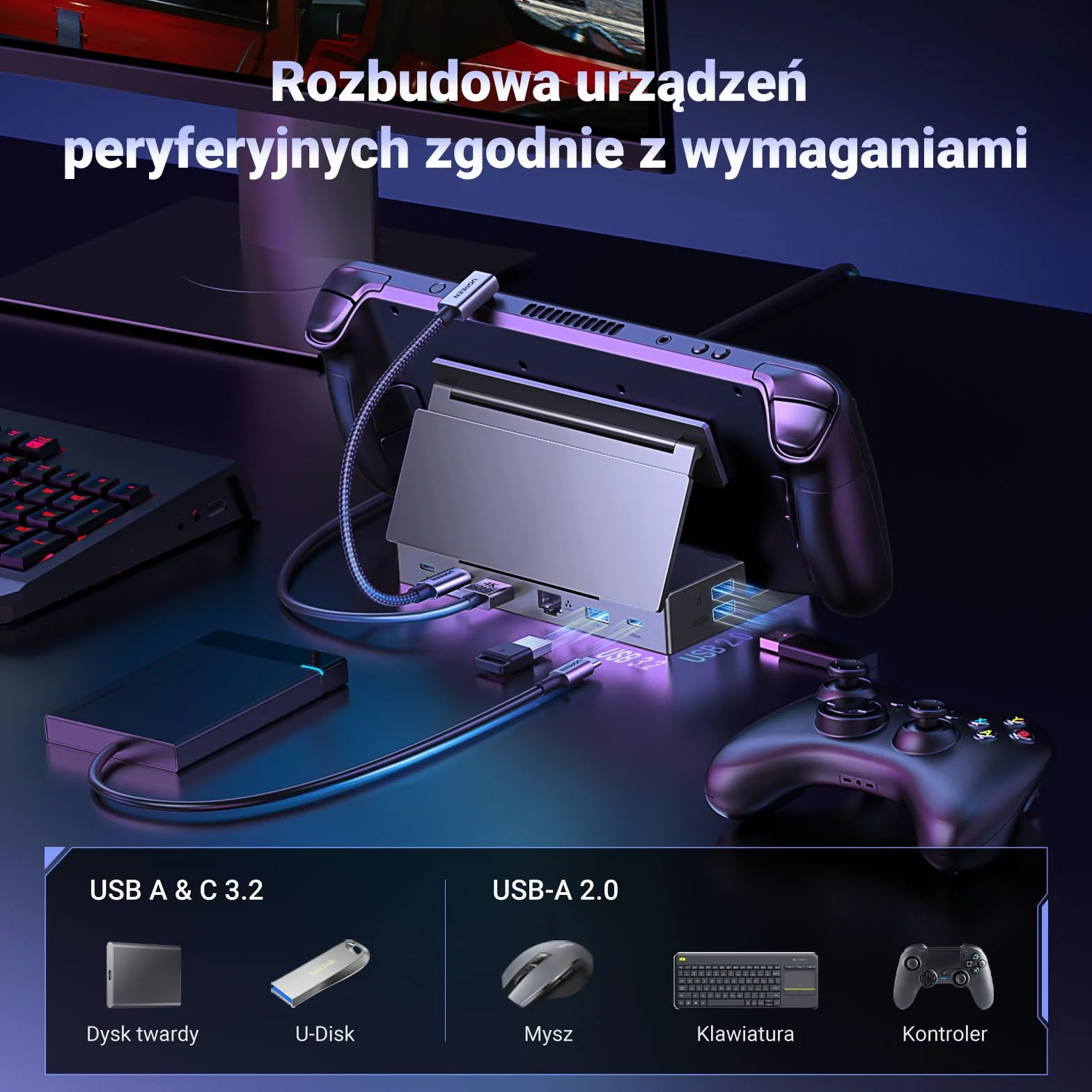 UGREEN Steam Deck Dock Stacja dokująca 9 w 1 4K@60Hz HDMI 10Gbps USB Ports Regulowany stojak Kompatybilny z Steam Deck OLED, ASUS ROG Ally, Lenovo Legion Go, MSI Claw, iPad Air/Pro, MacBook itp.