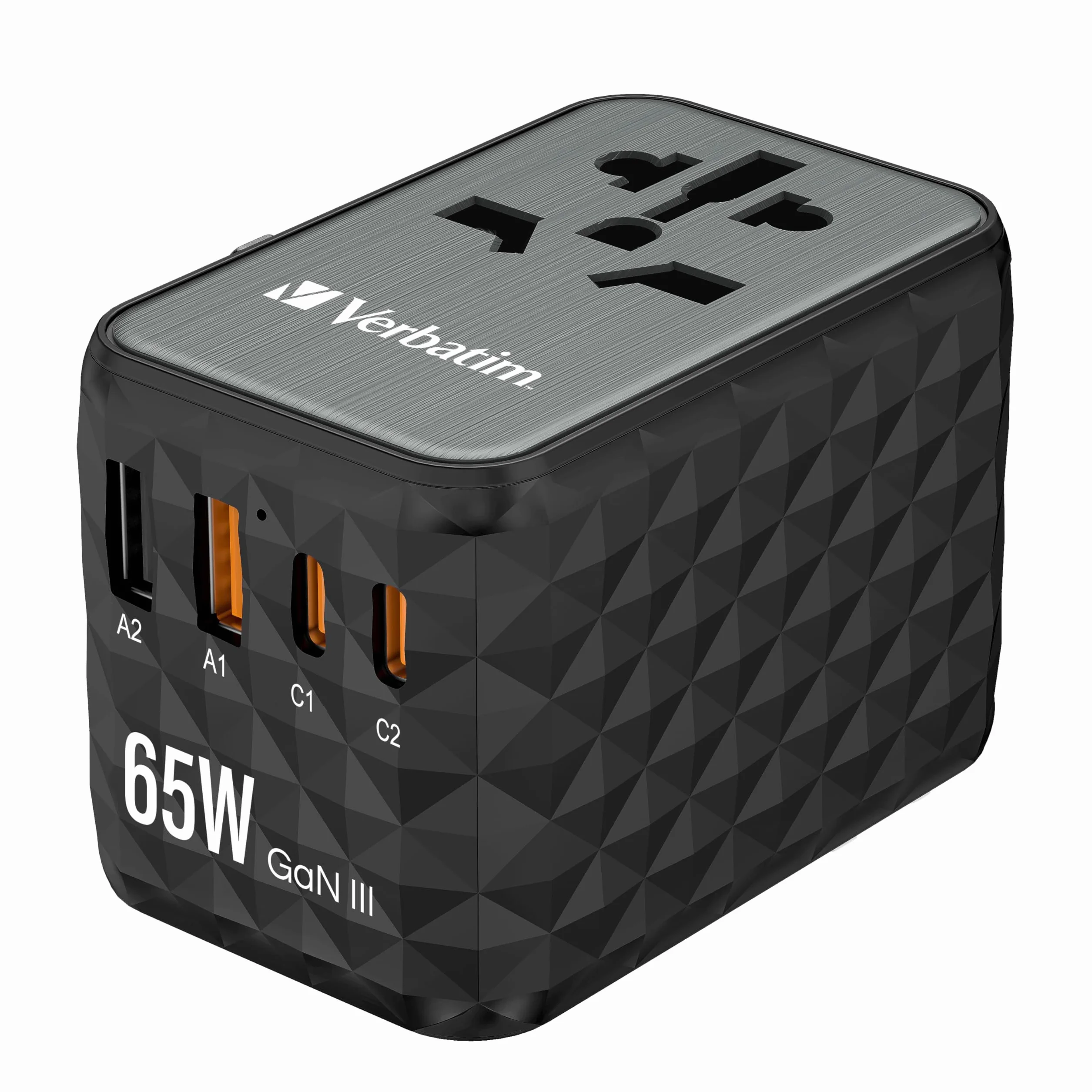 Verbatim GaN uniwersalny adapter podróżny UTA‑05 65 W, z 2 portami USB‑A i 2 portami USB-C, szybka ładowarka do laptopa, telefonu komórkowego, aparatu fotograficznego i innych urządzeń przenośnych,