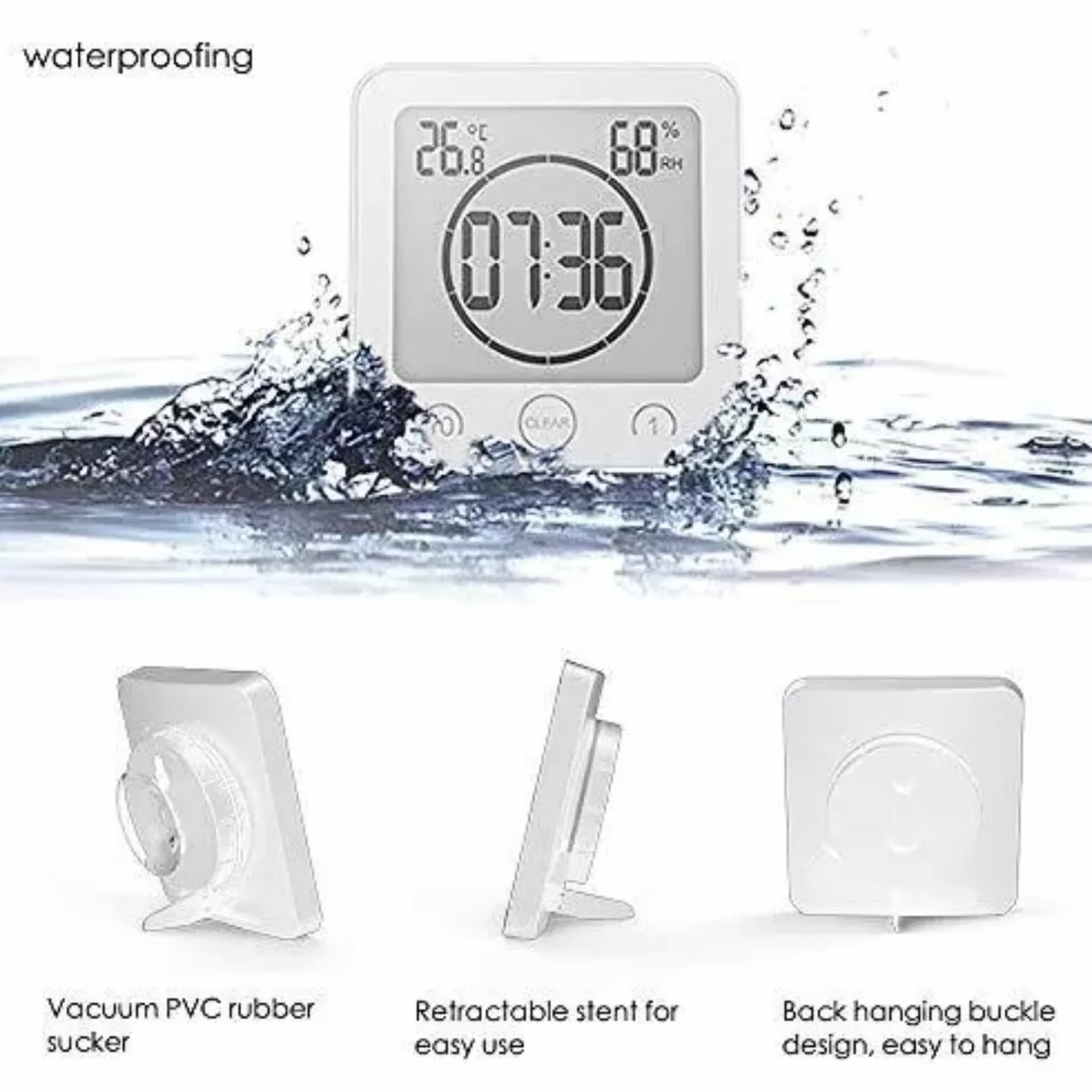 Cyfrowy zegar prysznicowy z budzikiem, wodoodporny timer łazienkowy, duży wyświetlacz LCD (czas/temperatura/wilgotność), 3 opcje montażu, do łazienki, kuchni, stacji do makijażu (biały)