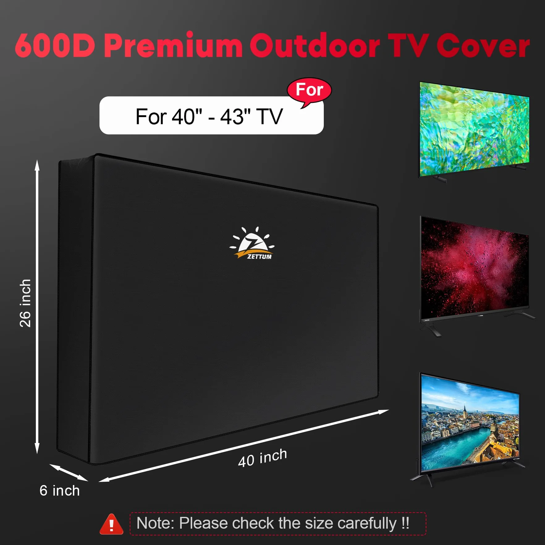Zettum osłona przeciwpyłowa do telewizora 40-43 cali, ochrona telewizora na zewnątrz 600D Oxford powłoka PU, wodoodporny pokrowiec ochronny na telewizor, pokrowiec na telewizor (Czarny)