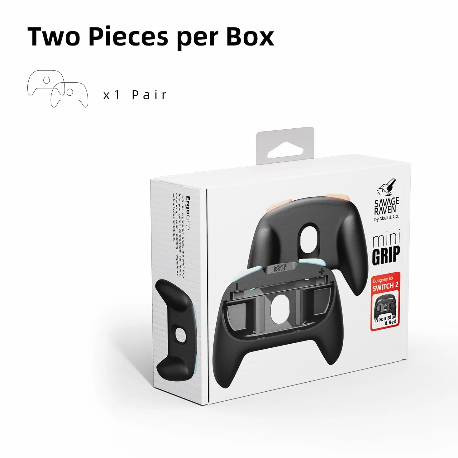 SAVAGE RAVEN od Skull & Co. MiniGrip uchwyt do ręki dla Nintendo Switch 2 kontrolerów Joy-Con, uchwyt do uchwytu w kolorze neonowo niebiesko-czerwonym, 1 para, kompatybilny z Switch 2 Jon Con