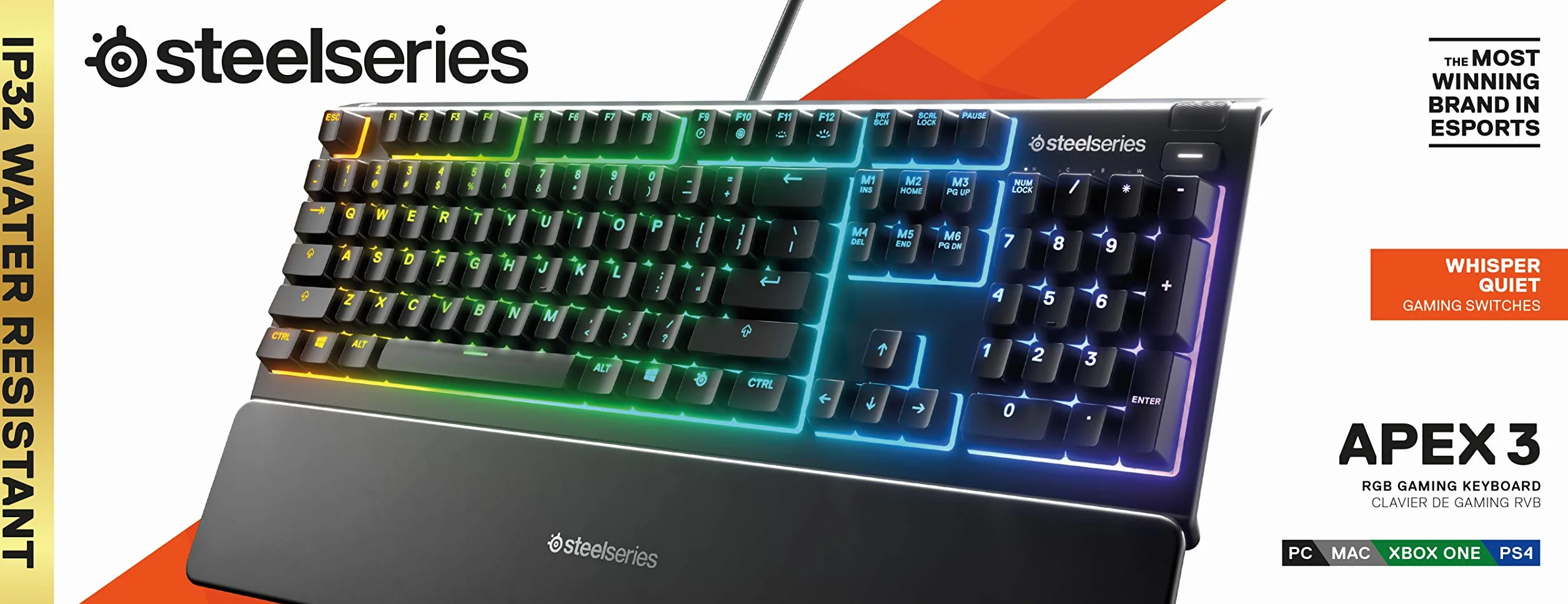 SteelSeries Apex 3 klawiatura do gier RGB 10-strefowe podświetlenie magnetyczna podpórka pod nadgarstki Premium amerykański układ QWERTY czarna