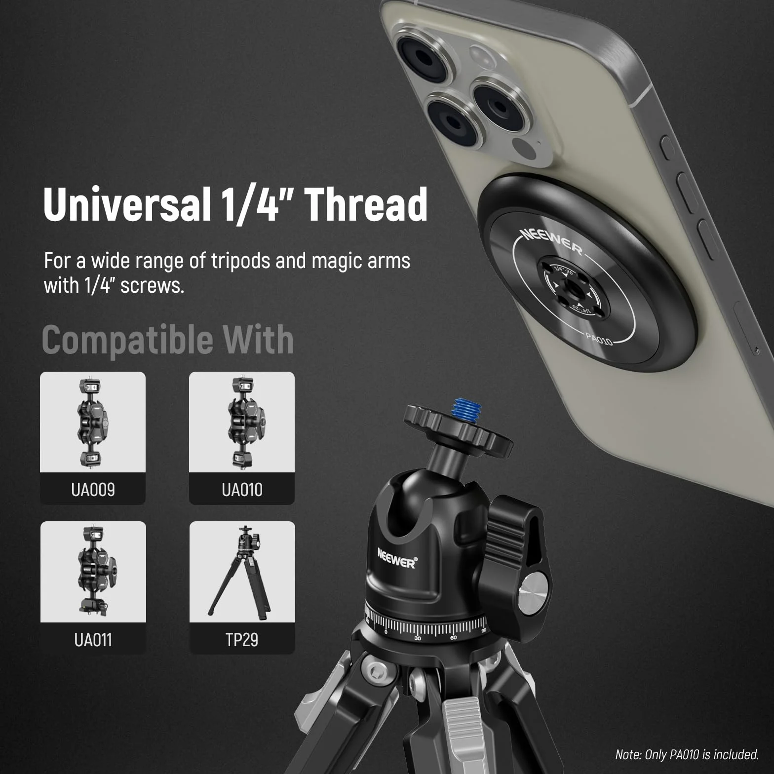 NEEWER Magnetyczny uchwyt na statyw do telefonu komórkowego, adapter z samoprzylepnym pierścieniem magnetycznym, kompatybilny z MagSafe iPhone 15 Pro Max 15 Plus 14 13 12, gwint 1/4" do filmów, kijek