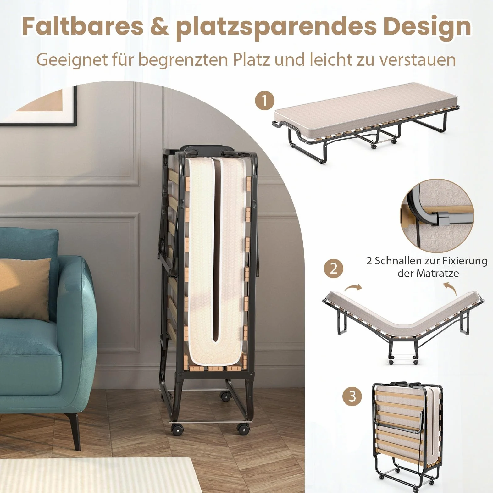 COSTWAY 90 x 200 cm, łóżko dla gości z materacem z pianki, składane łóżko pojedyncze, stabilne metalowe łóżko do 120 kg, składane łóżko na kółkach, składane łóżko na kemping i do pokoju gościnnego