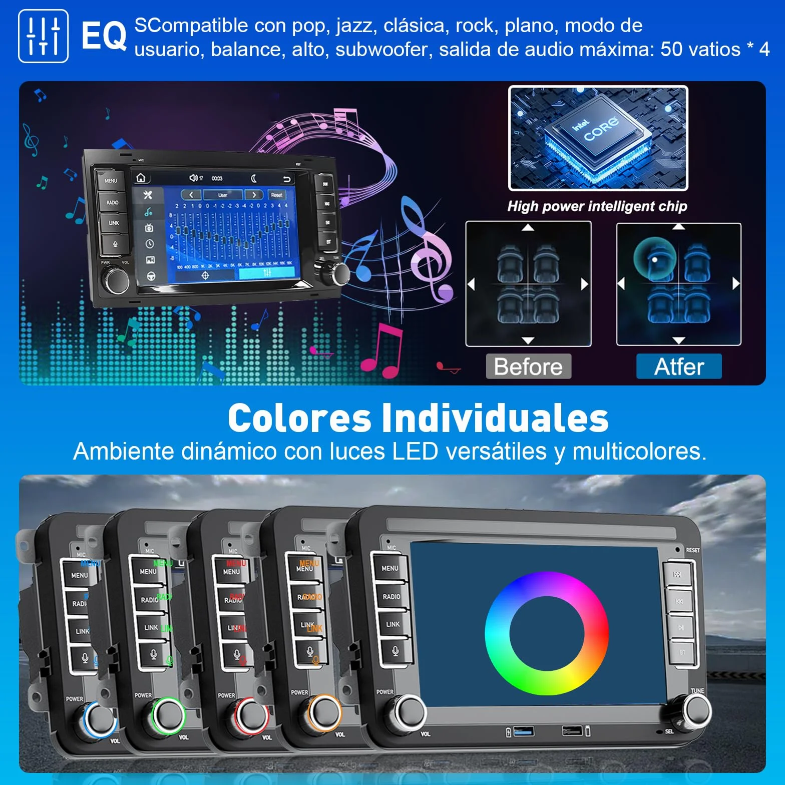 Radio samochodowe Liulbobu do VW Golf 5/6, Passat, Jetta, Caddy, Polo CC, Tiguan, EOS, Scirocco. Bezprzewodowy CarPlay i Android Auto, 7-calowy ekran dotykowy, Bluetooth, FM/AM, USB, DSP, RDS.