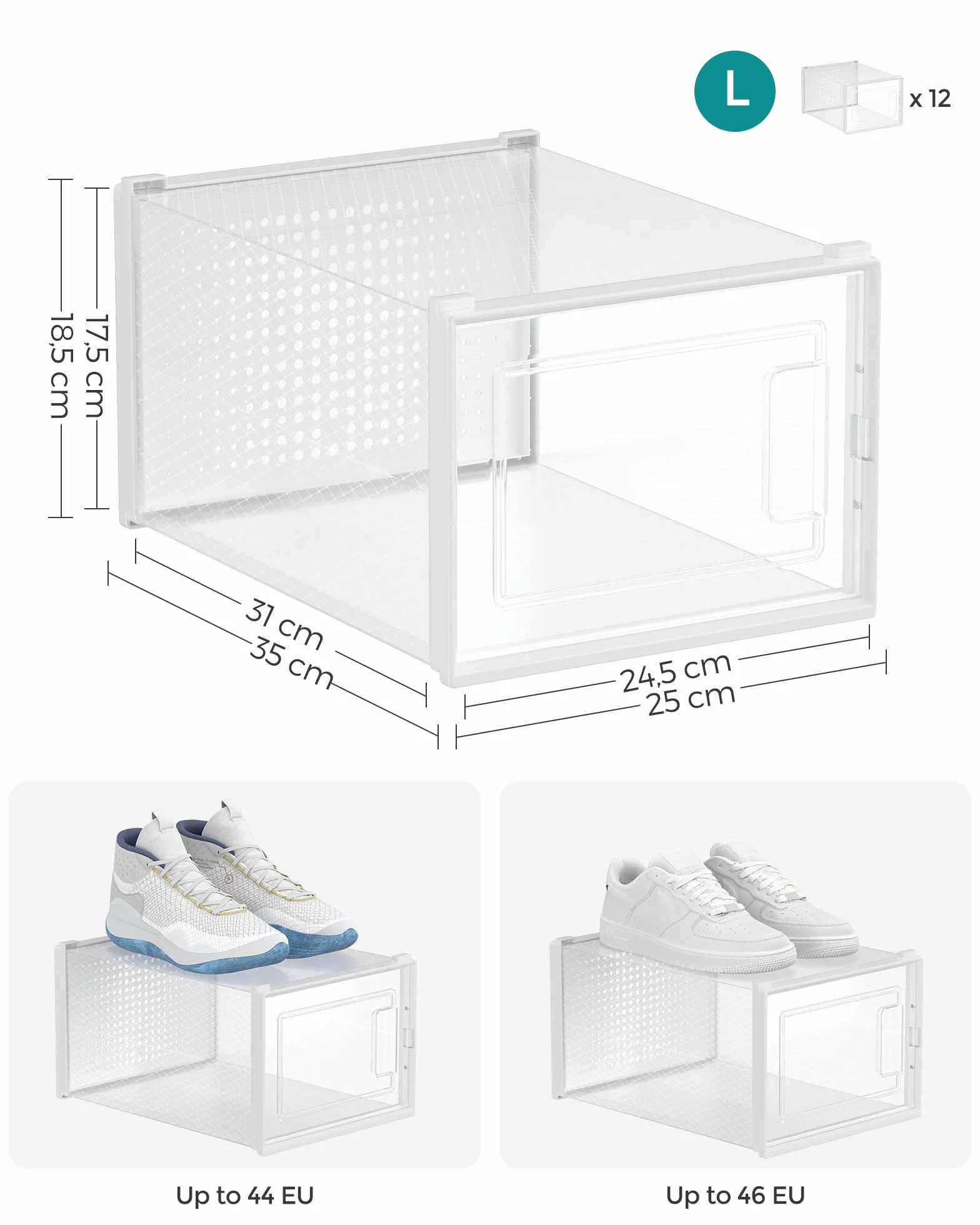 SONGMICS Pudełka na buty, pakowane po 12 pudełek na buty, składane i sztaplowane, do rozmiaru 46, przezroczysto-białe LSP12MWT