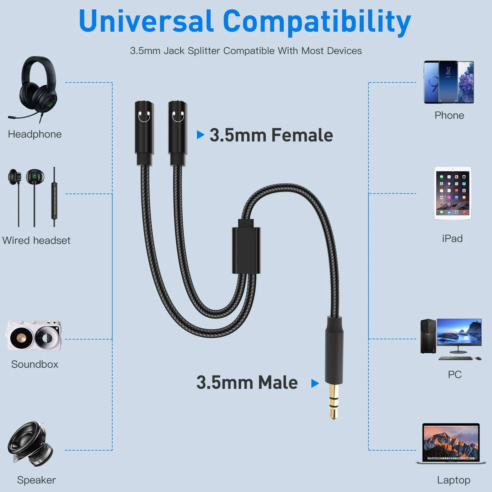 Audio Splitter Jack Y AUX Adapter, lalasis 3,5 mm męski na żeński zestaw słuchawkowy stereo aux kabel rozdzielający słuchawki podwójna wtyczka do laptopa, tabletu, smartfona, Samsunga, głośników,