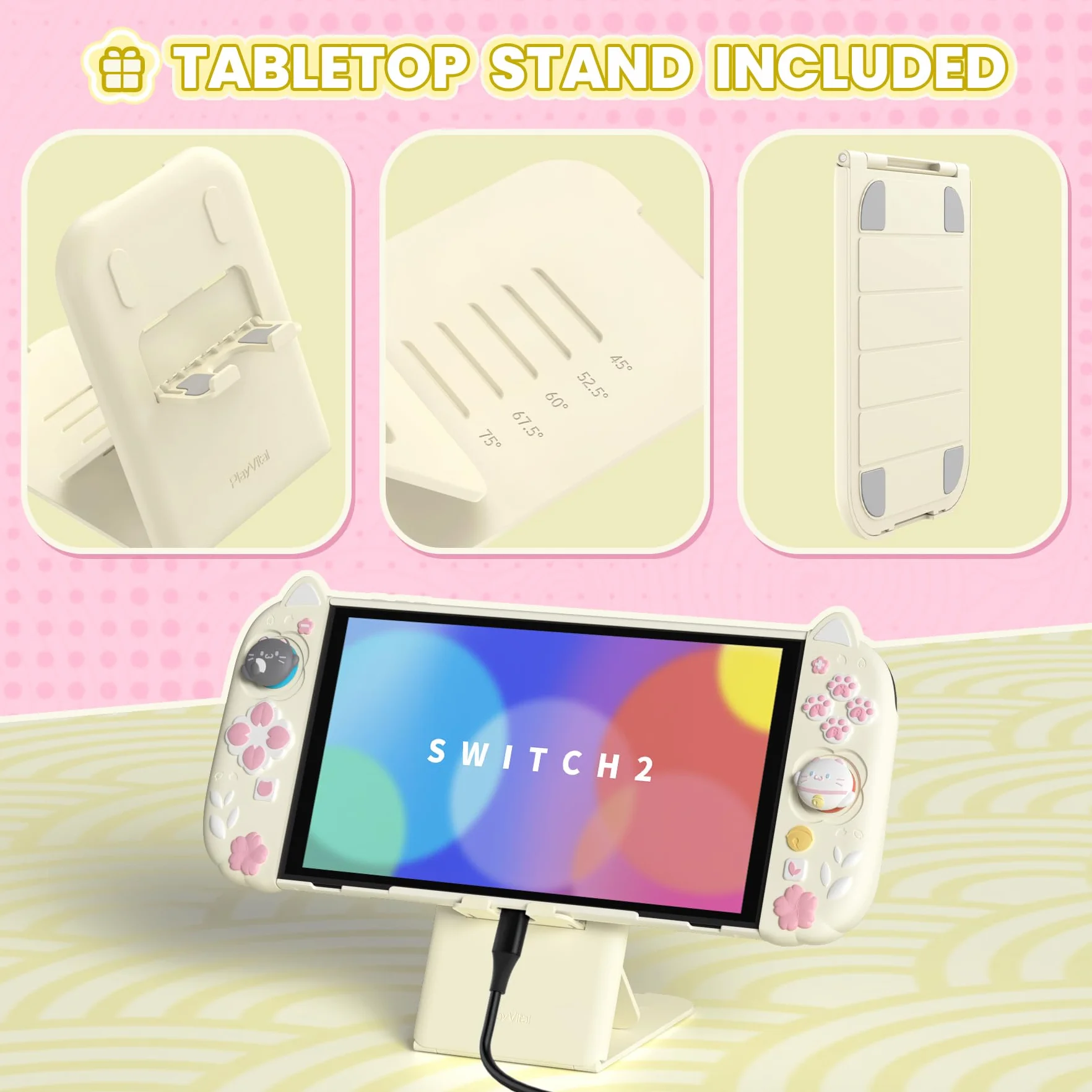 PlayVital Etui Ochronne do Switch 2 z Silikonowymi Uchwytami Joycon, Nakładkami Joysticki i Podstawką, Dockowalne, Żółty Antyczny Motyw Kociątko i Kwiaty Wiśni