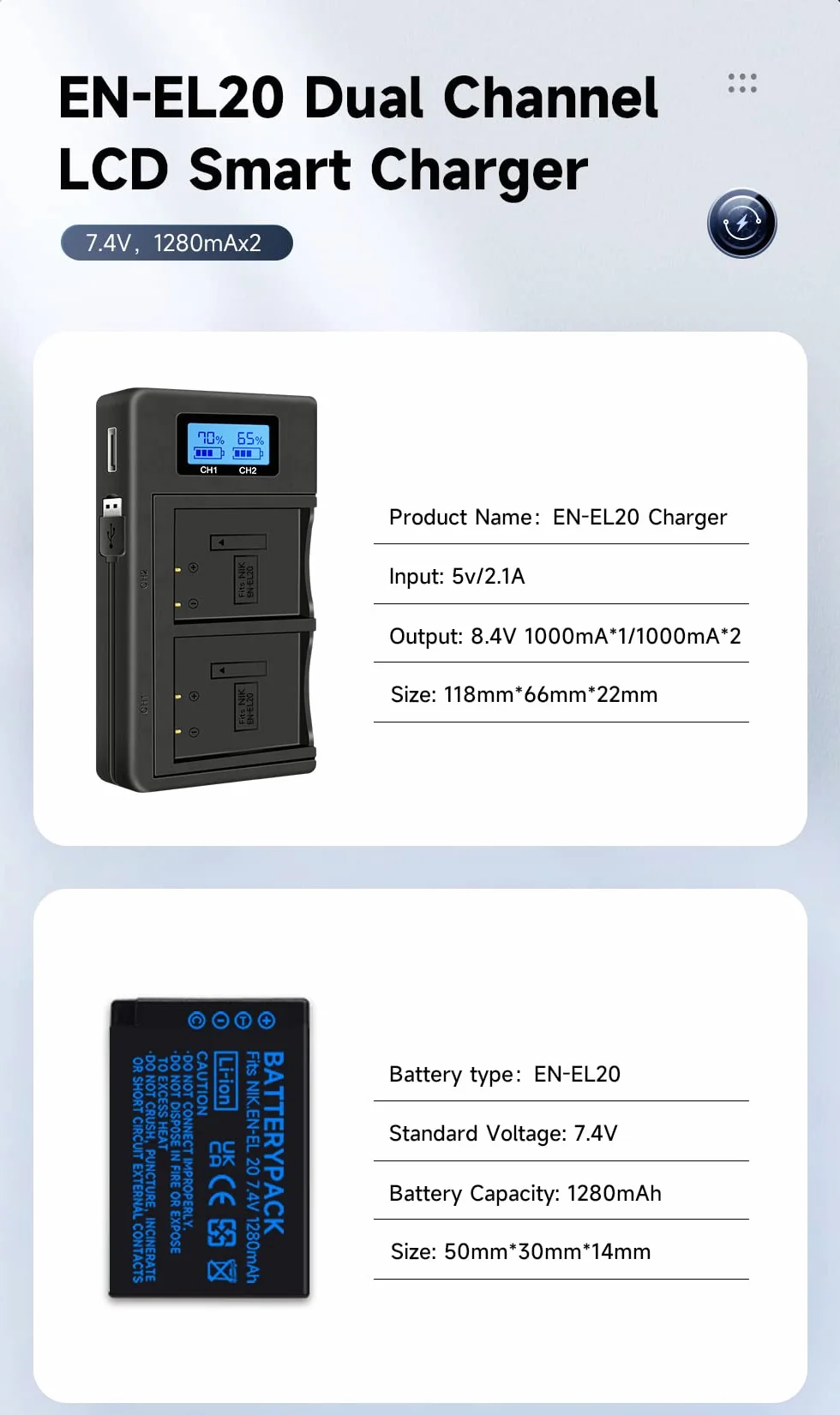 2 szt. EN-EL20 EN-EL20A Bateria i ładowarka LCD, inteligentna podwójna ładowarka i kabel USB do Nikon 1 J1,1 J2,1 J3.1 S1.1 V3, Coolpix A, P1000 Akumulator