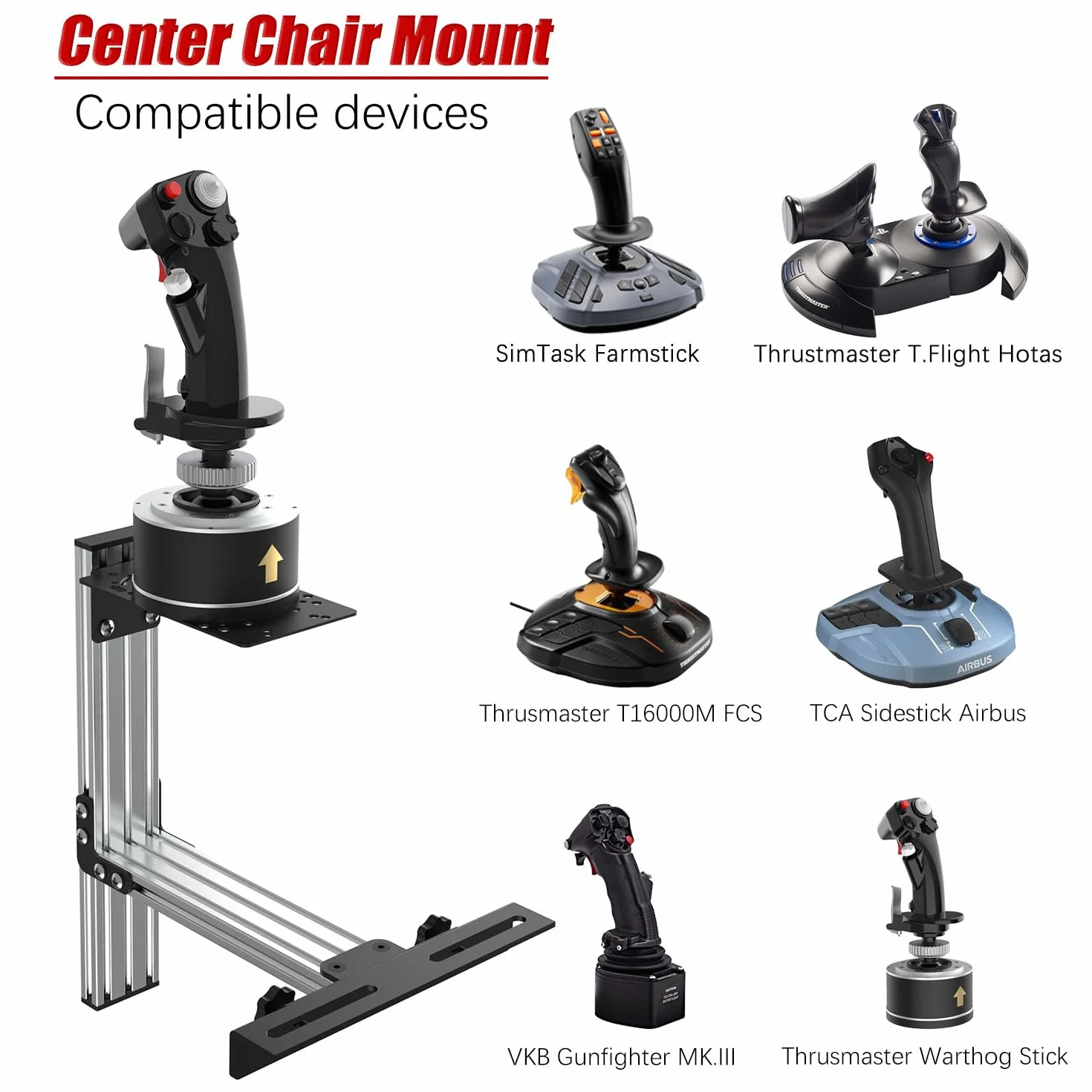 EG STARTS Flight Sim Chair Mounts Center Joystick Chair Mount do T-Flight Hotas 4 & Warthog & T16000M FCS & TCA Sidestick Airbus Edition i VKB Gunfighter Pro MK 3 Stick
