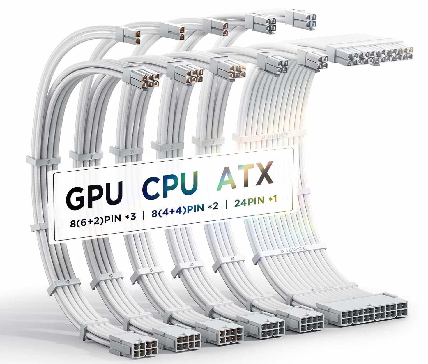 AsiaHorse Zaktualizuj przedłużenie kabla zasilacza 16AWG, Zestaw kabli w osłonie PC do GPU/CPU, przedłużacze kabli zasilających komputer, 24PIN/(6+2) PIN/(4+4) PIN,30CM, Czysty Biały