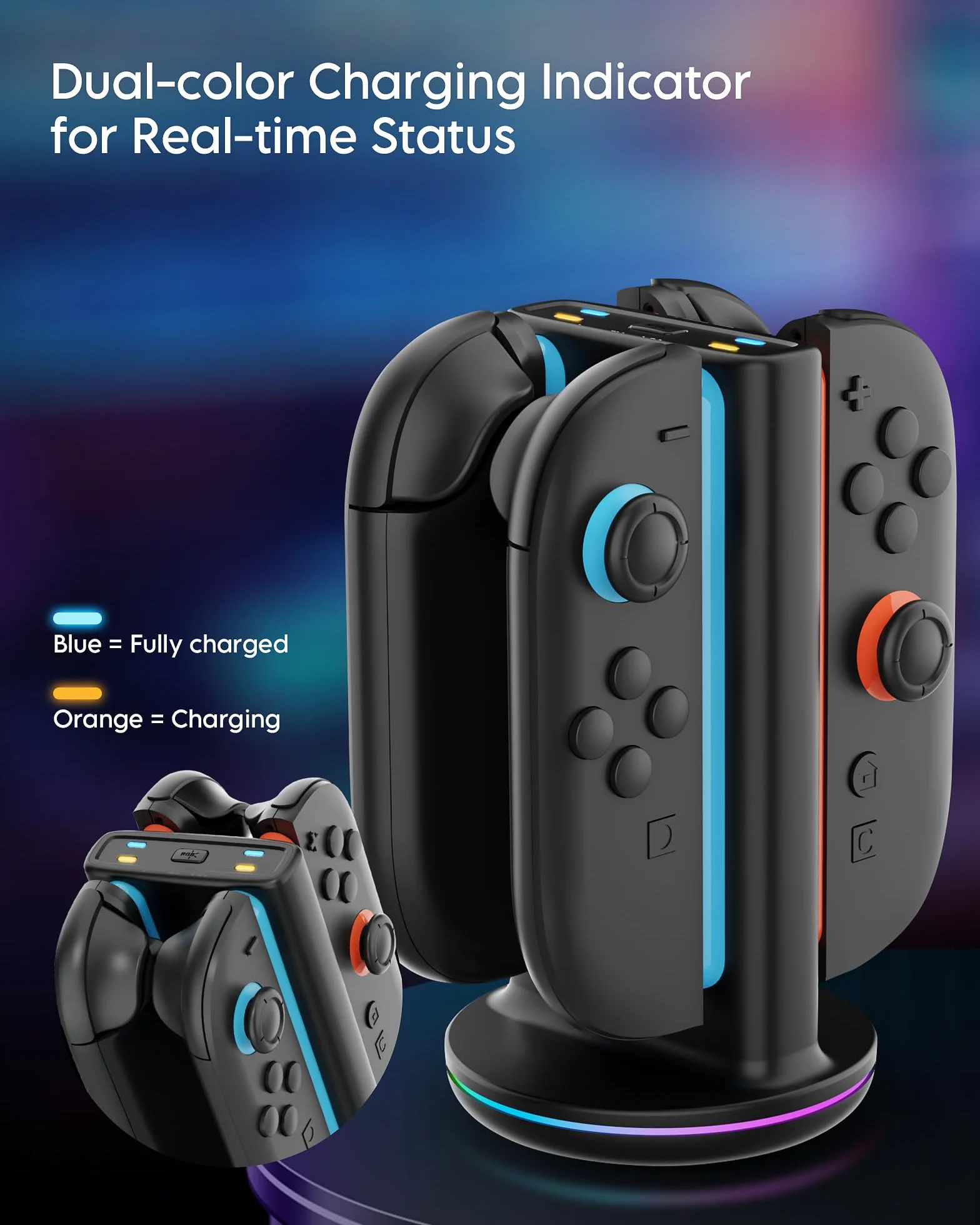 RunSnail Charging Dock Kompatybilny z Switch 2 Joycon, Switch 2 Joy Con Controller Charger Station ze Światłem RGB, Magnetic Plug-in JoyCon Charging Dock z Kablem Ładującym