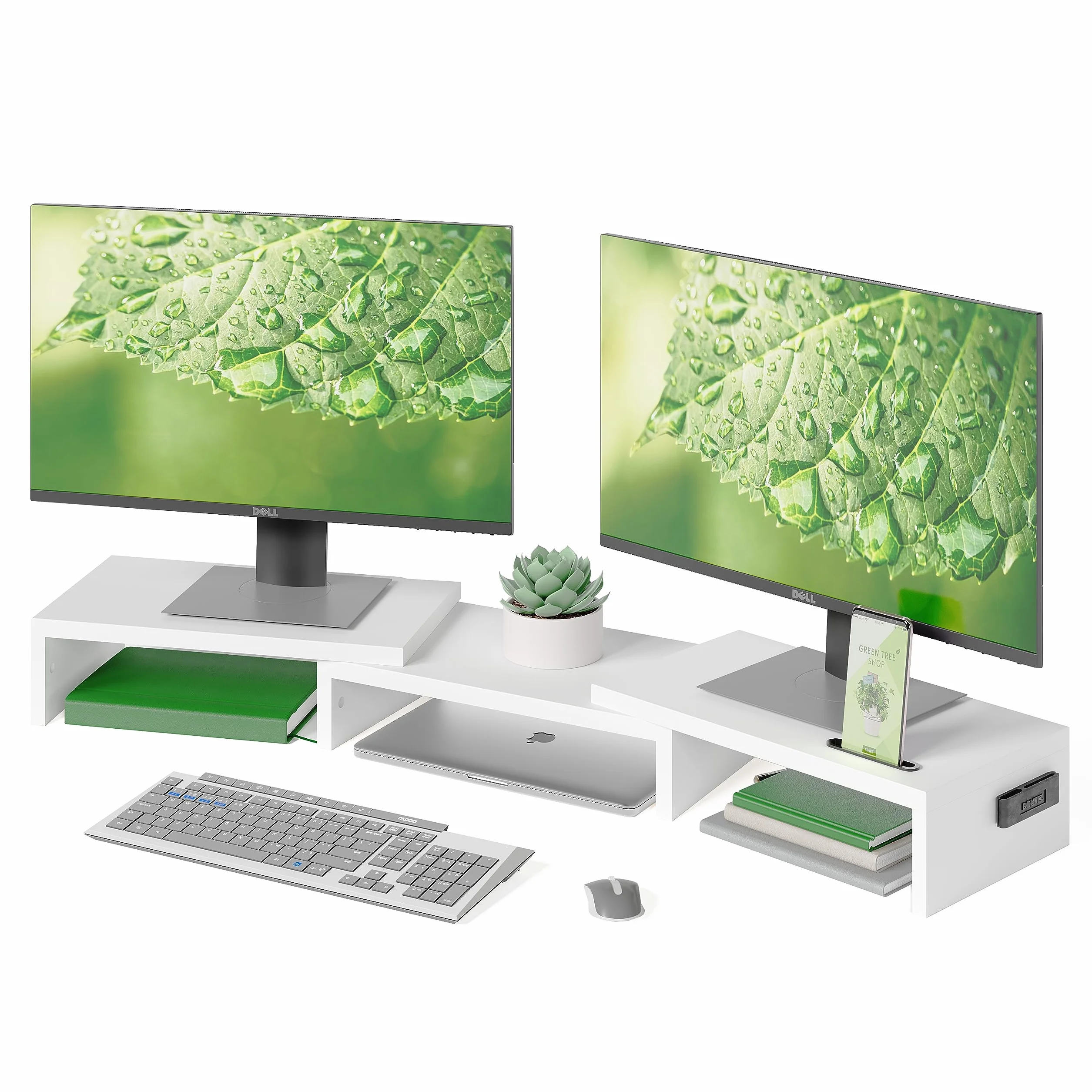 BONTEC Stojak na Podwójny Monitor Riser, Drewniany Biurkowy Stojak z Uchwytem na Smartfon, Regulowana Długość i Kąt Obrotu, Ergonomiczny Organizer na Biurko do PC, Laptopa, Drukarki, Biały