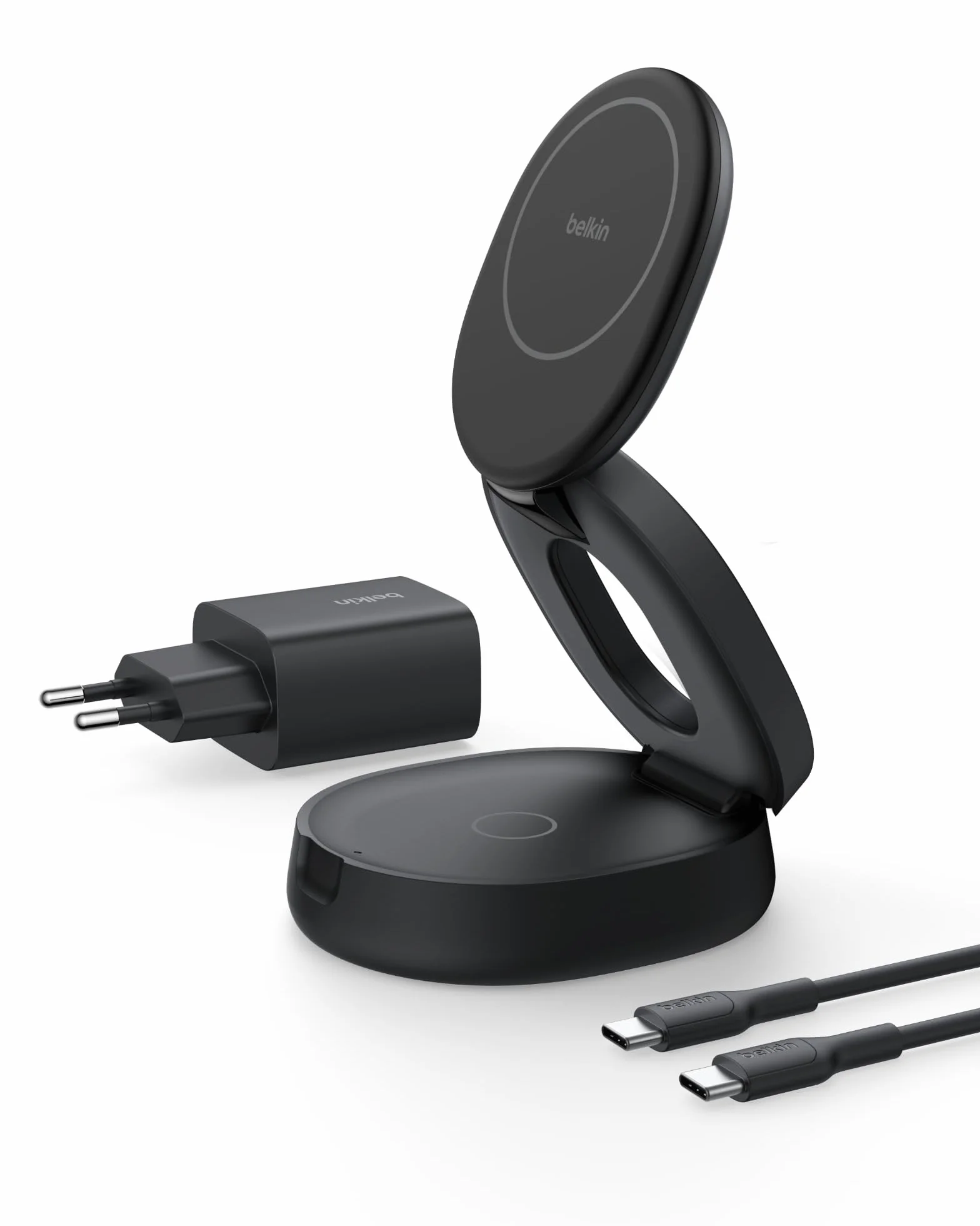 Belkin 2 w 1 Przenośna ładowarka Bezprzewodowa, Rozkładana Bezprzewodowa Stacja ładująca o mocy 15 W, zgodna z MagSafe ładowarka Qi2 do urządzeń iPhone 16 i AirPods, w zestawie ładowarka 30 W – Czarna