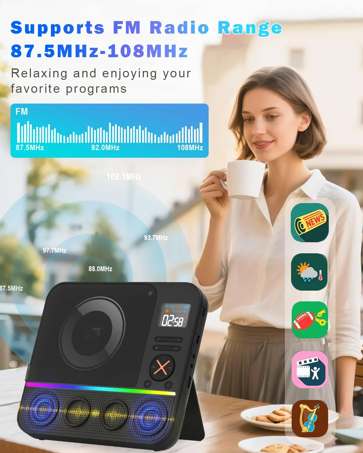 Przenośny odtwarzacz CD Bluetooth, Boombox, stacjonarny odtwarzacz CD z radiem FM Bluetooth i wyświetlaczem LED RGB z podwójnym wbudowanym głośnikiem, kompatybilny z USB/AUX do domowych przenośnych