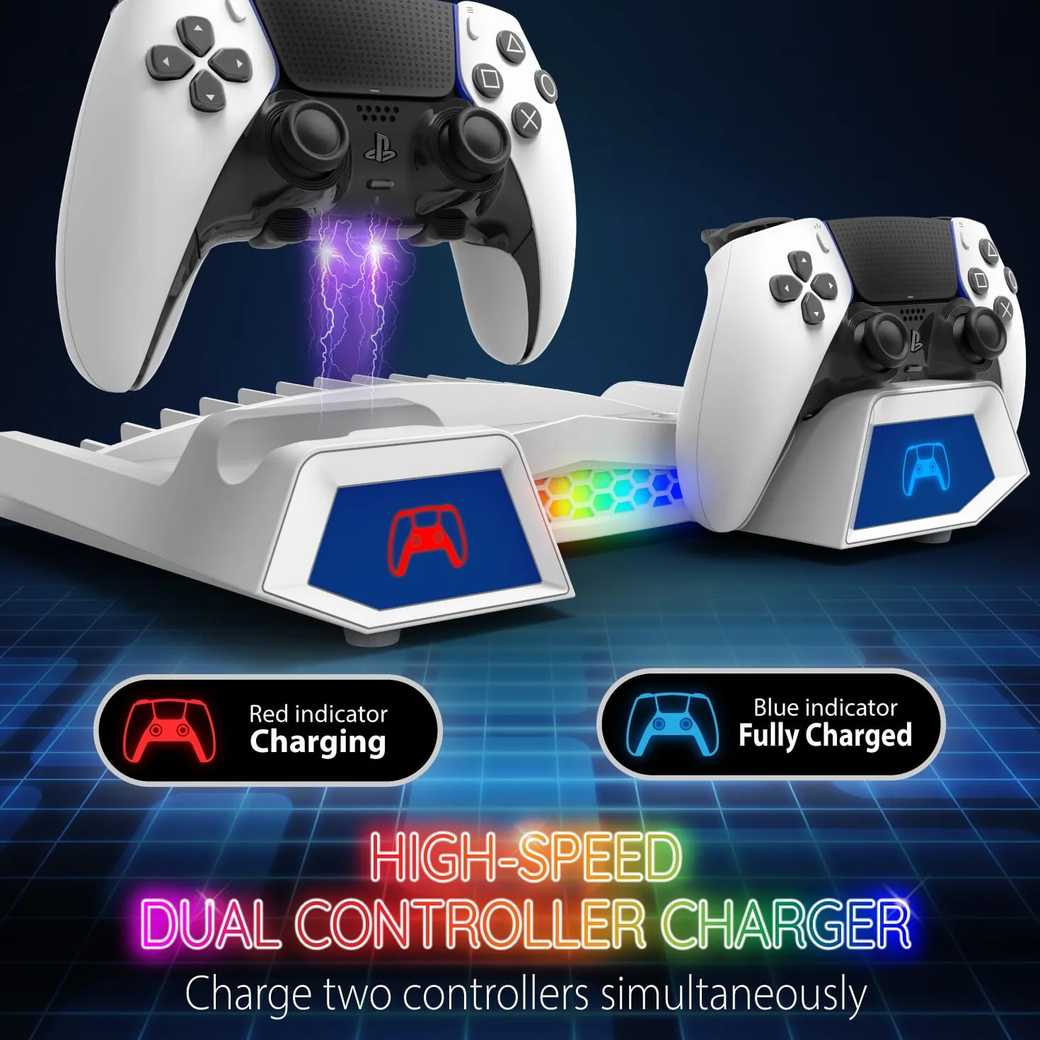 Fosmon Stacja stojąca i chłodząca PS5 z oświetleniem RGB LED, podwójna stacja ładująca do kontrolera DualSense/Edge, 10 gniazd gier, uchwyt na słuchawki (kompatybilne z Playstation 5 Slim Disc i