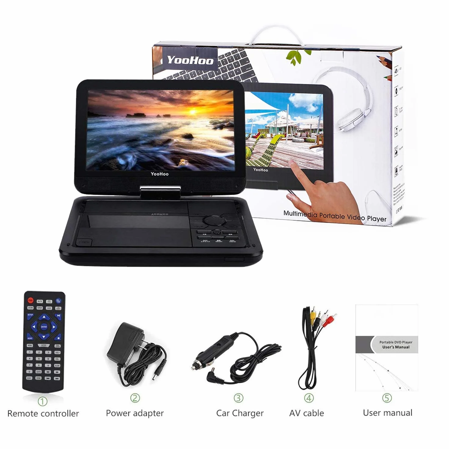 YOOHOO Przenośny odtwarzacz DVD 12,5" z obrotowym ekranem HD o przekątnej 10,5" o 270° z akumulatorem, zasilacz sieciowy obsługuje wszystkie regiony, wiele regionów, samochodowe odtwarzacze