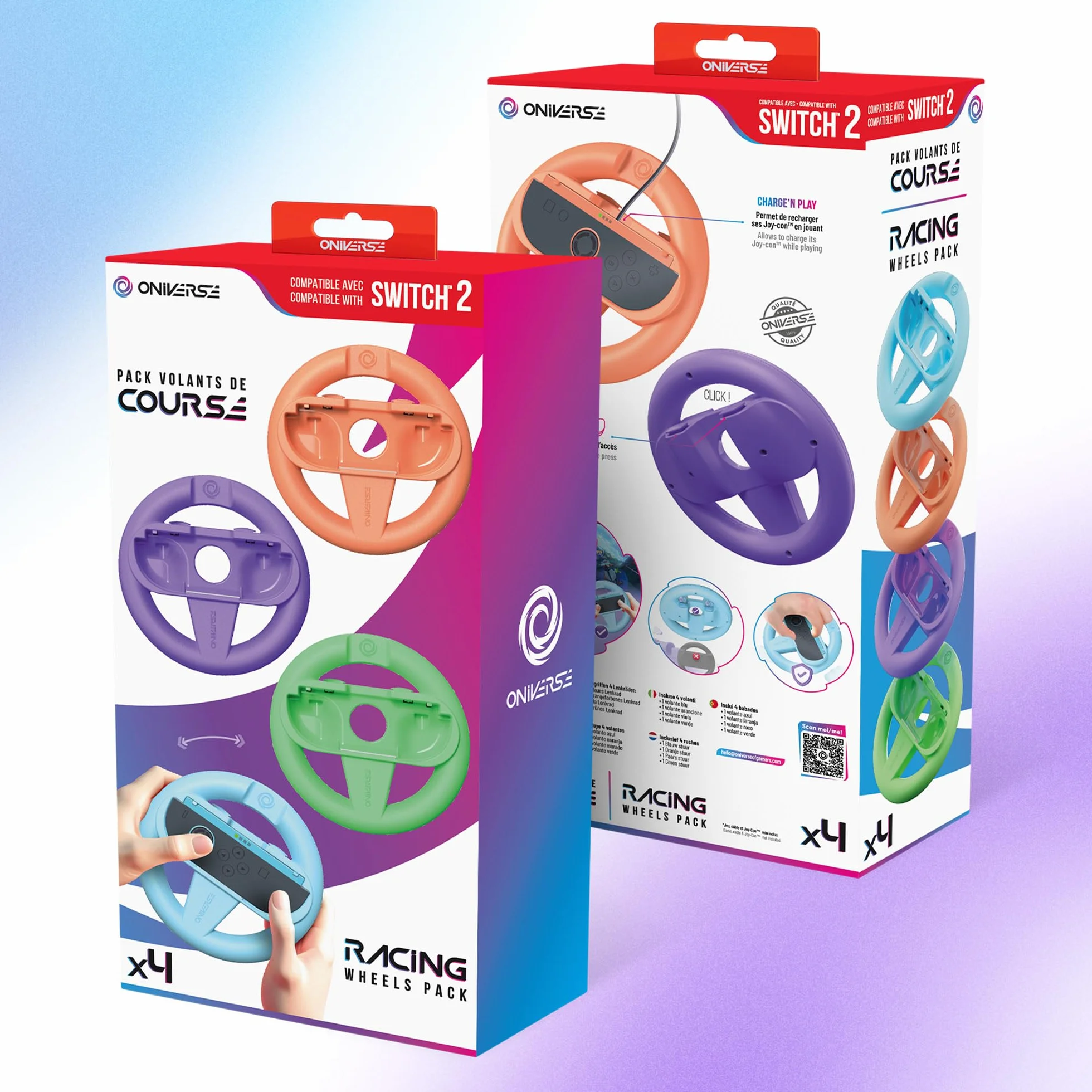 Oniverse Zestaw 4 Kierownic do Konsoli Switch 2 – Akcesoria do Switch 2 do Mario Kart, Uchwyt Kierownicy Pomarańczowy, Niebieski, Zielony i Fioletowy, Intuicyjny, Dostępne przyciski SL/SR, Dla Joy-Con