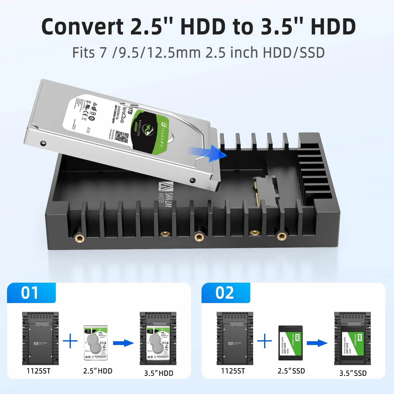 Adapter dysku twardego 2,5" na 3,5", SANZANG 2,5 na 3,5 SATA HDD SSD uchwyt montażowy konwerter z interfejsem SATA III do 7/9,5/12,5 mm 2,5 cala HDD/SSD