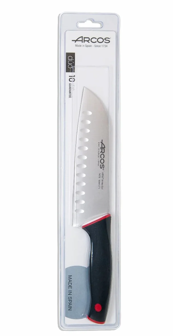 Arcos Seria Duo - Nóż Santoku - Ostrze Nitrum Stal nierdzewna 17.8 cm - Uchwyt Polipropylen Pokryty Elastomerem Kolor Czarny i Czerwony