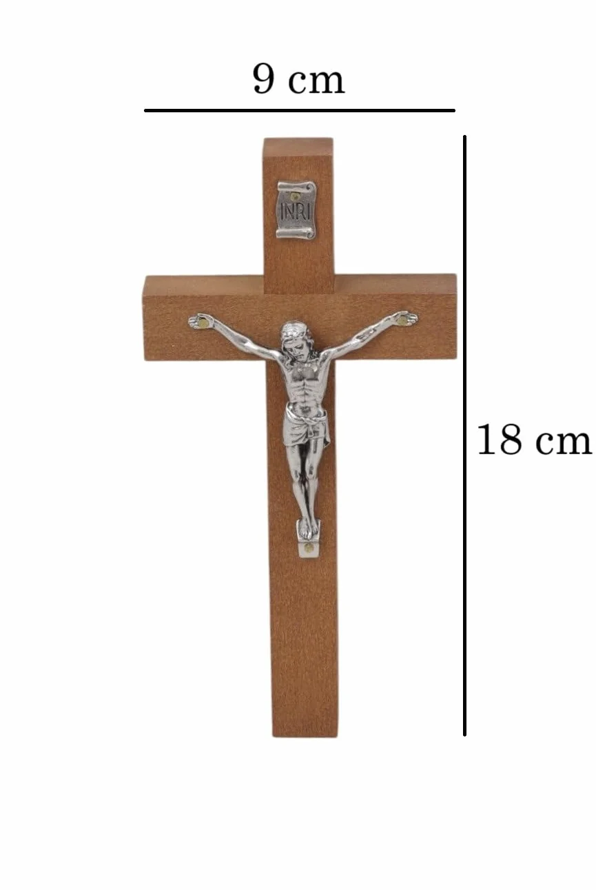 KRZYŻ DREWNIANY BRĄZOWY z figurką Jezus MAŁY 18x9cm zawieszenia na ścianę
