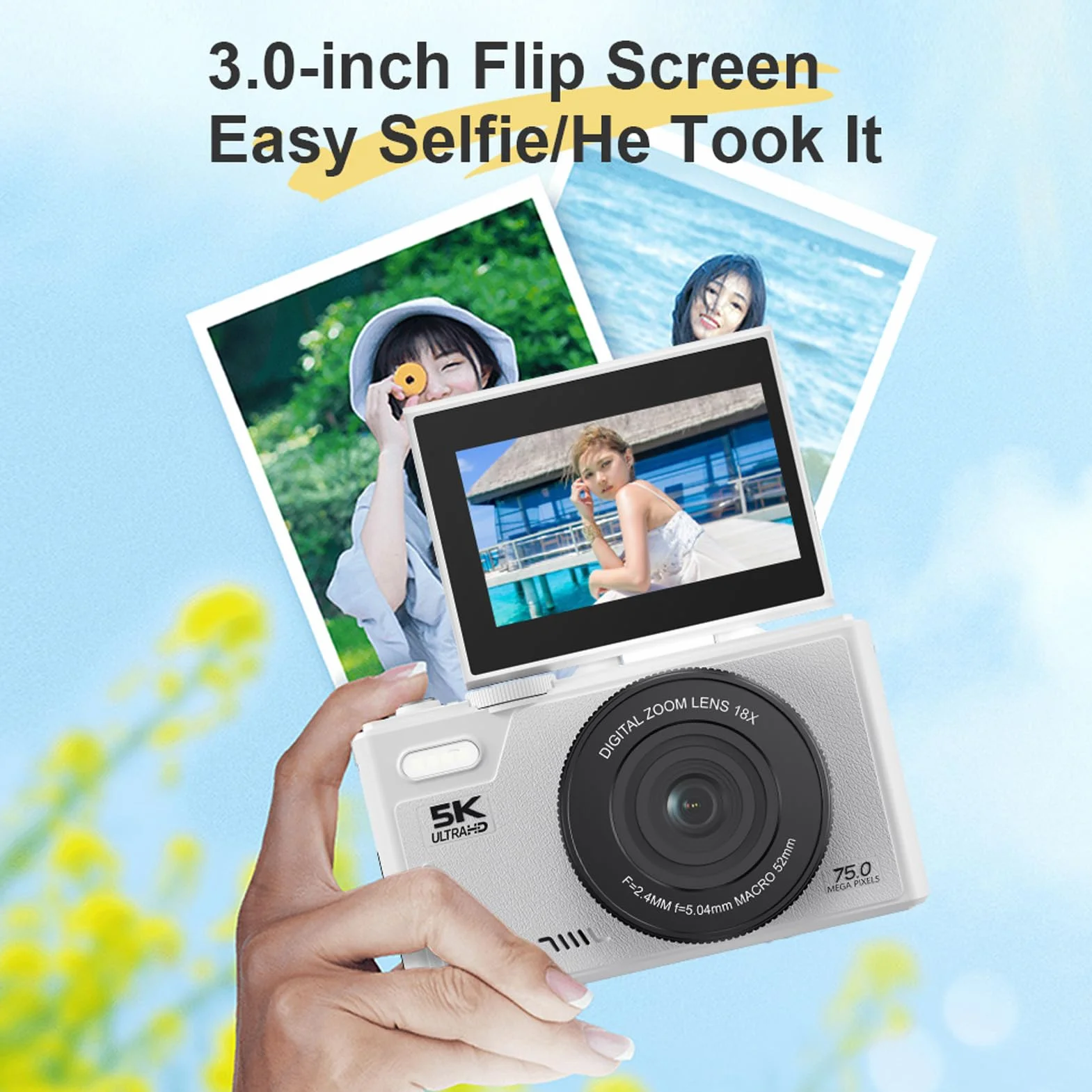 Kamera Cyfrowa 5K do Fotografii, 75MP Wi -Fi Autofocus Vlogging Cameras do YouTube z Ekranem Flip 3 -Cal, 18x Cyfrowy Zoom i Anti Shake, Aparat Wideo Obsługuje kartę 128G