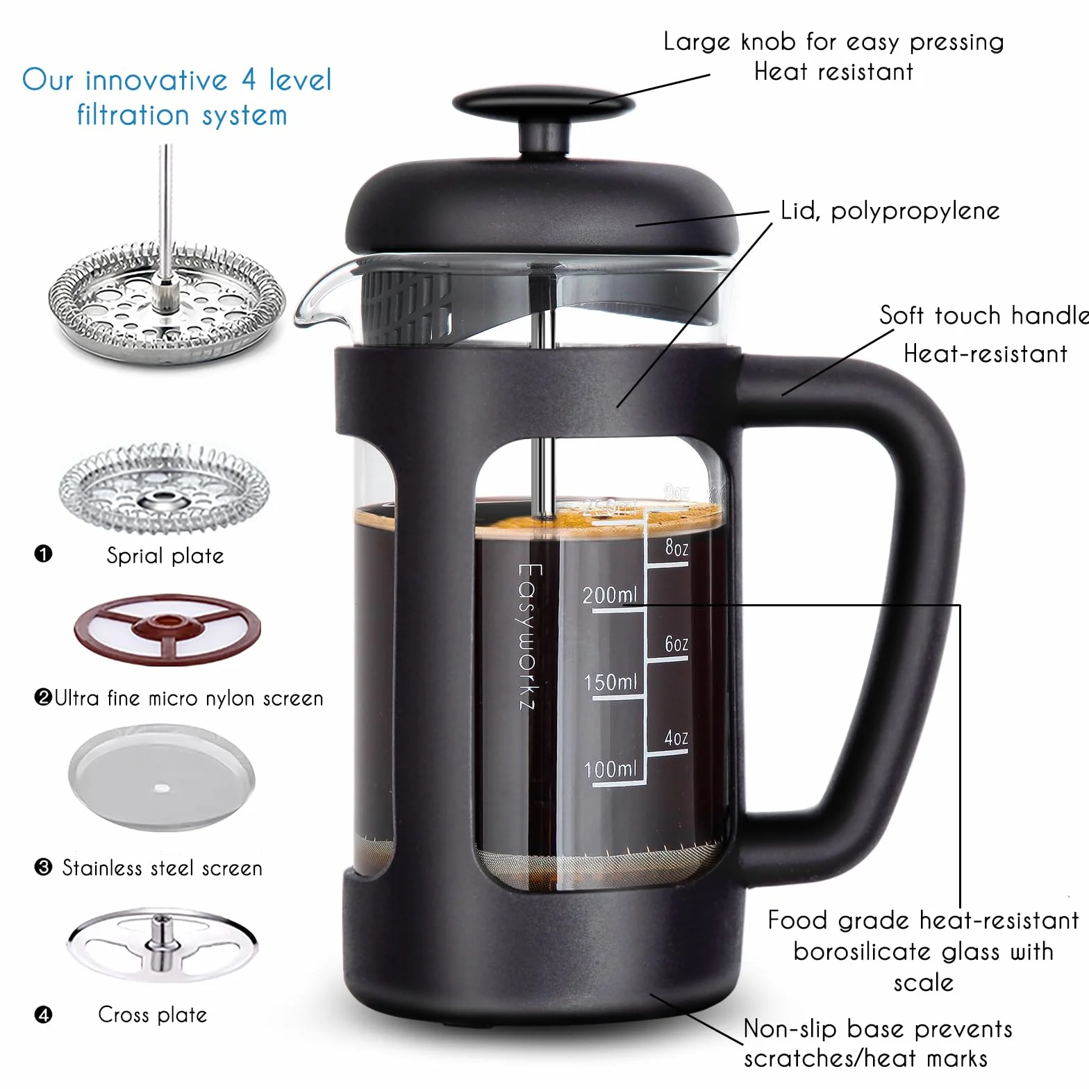 Easyworkz French Press Ekspres do kawy 350 ml, szkło borokrzemowe, antypoślizgowy uchwyt, czarny