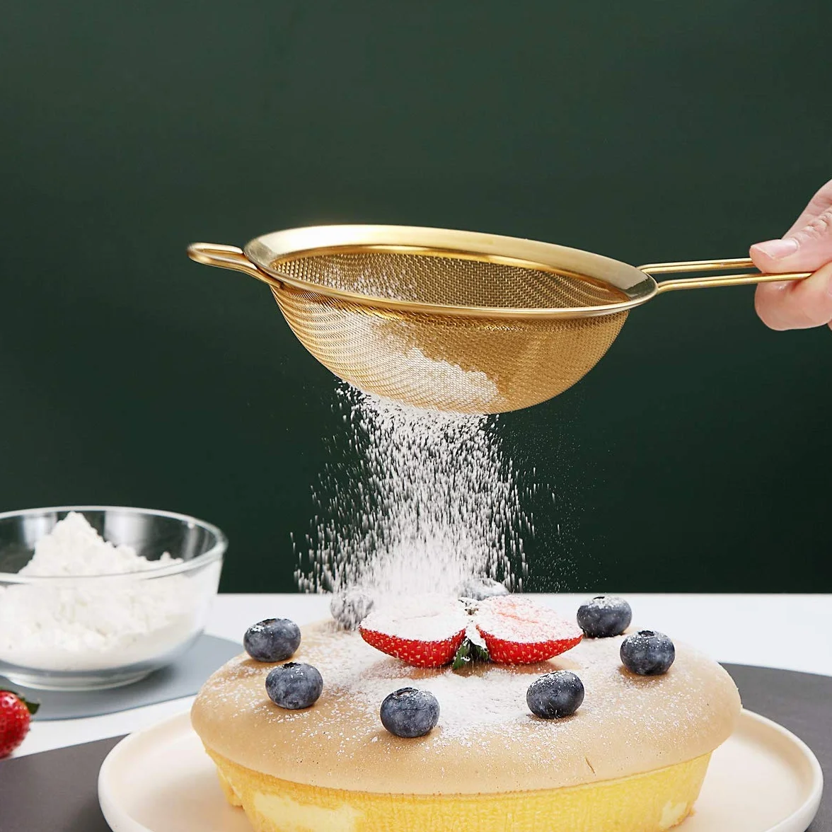 Kyraton Złoty filtr siatkowy 3 sztuki, złoty przesiewacz mąki do pieczenia, durszlak ze stali nierdzewnej, sitko do herbaty Matcha, separator sosu, sitka do makaronu Stasher