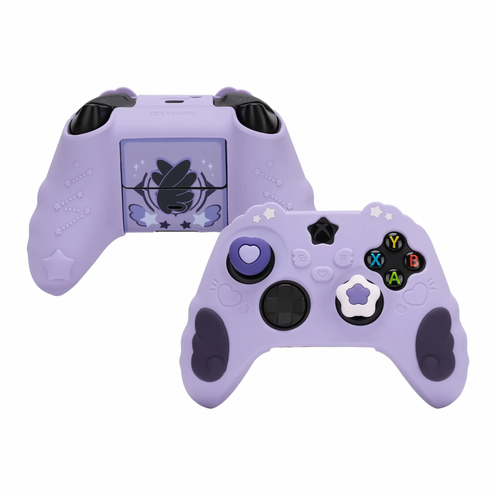Zestaw skórek kontrolera GeekShare do konsoli Xbox Miękki silikonowy pokrowiec ochronny Kompatybilny z kontrolerem Xbox Series X z 2 nakładkami na kciuki i 2 naklejkami - seria Star Wings - fioletowy
