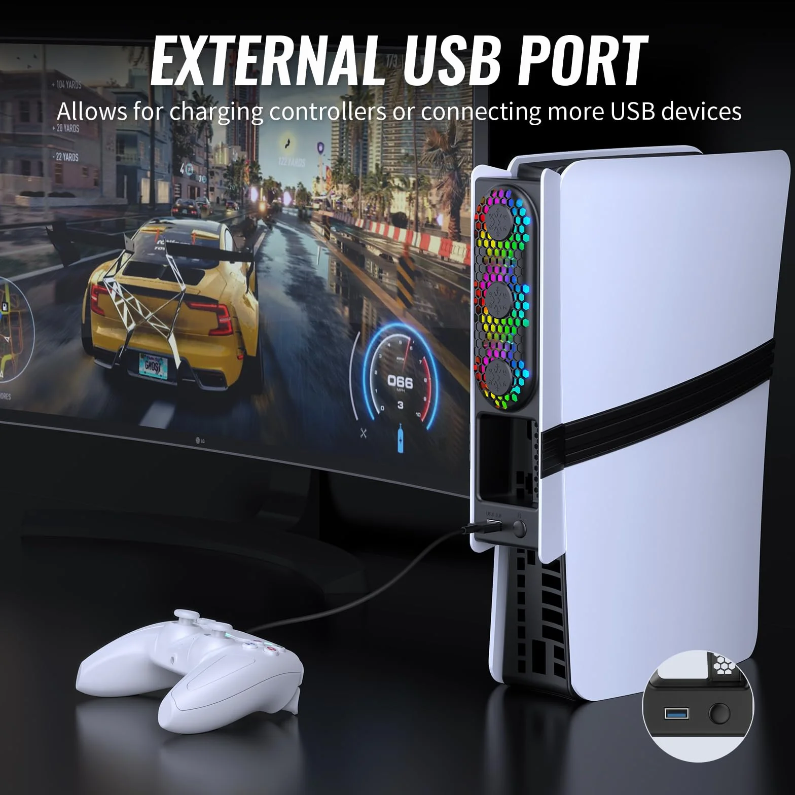 Wentylator chłodzący do konsoli PS5 Pro/Slim - szybkie chłodzenie z automatyczną regulacją temperatury, niski poziom hałasu, oświetlenie RGB i port USB 3.0 dla graczy i entuzjastów konsol,