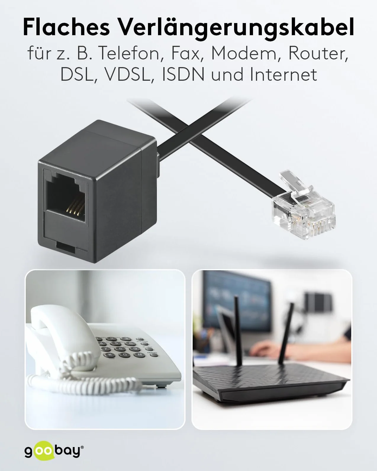 Goobay 68258 Modułowy kabel przyłączeniowy 15 m, czarny, wtyczka RJ11/RJ14 (6P4C) na gniazdo RJ11 (6P4C)