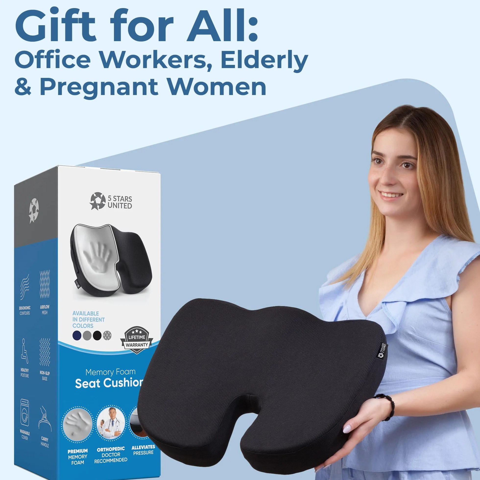 5 STARS UNITED Memory Foam Seat Cushion, ergonomic coccyx pad for office chair, sciatica & back pain relief, non-slip, portable, washable cover - black
