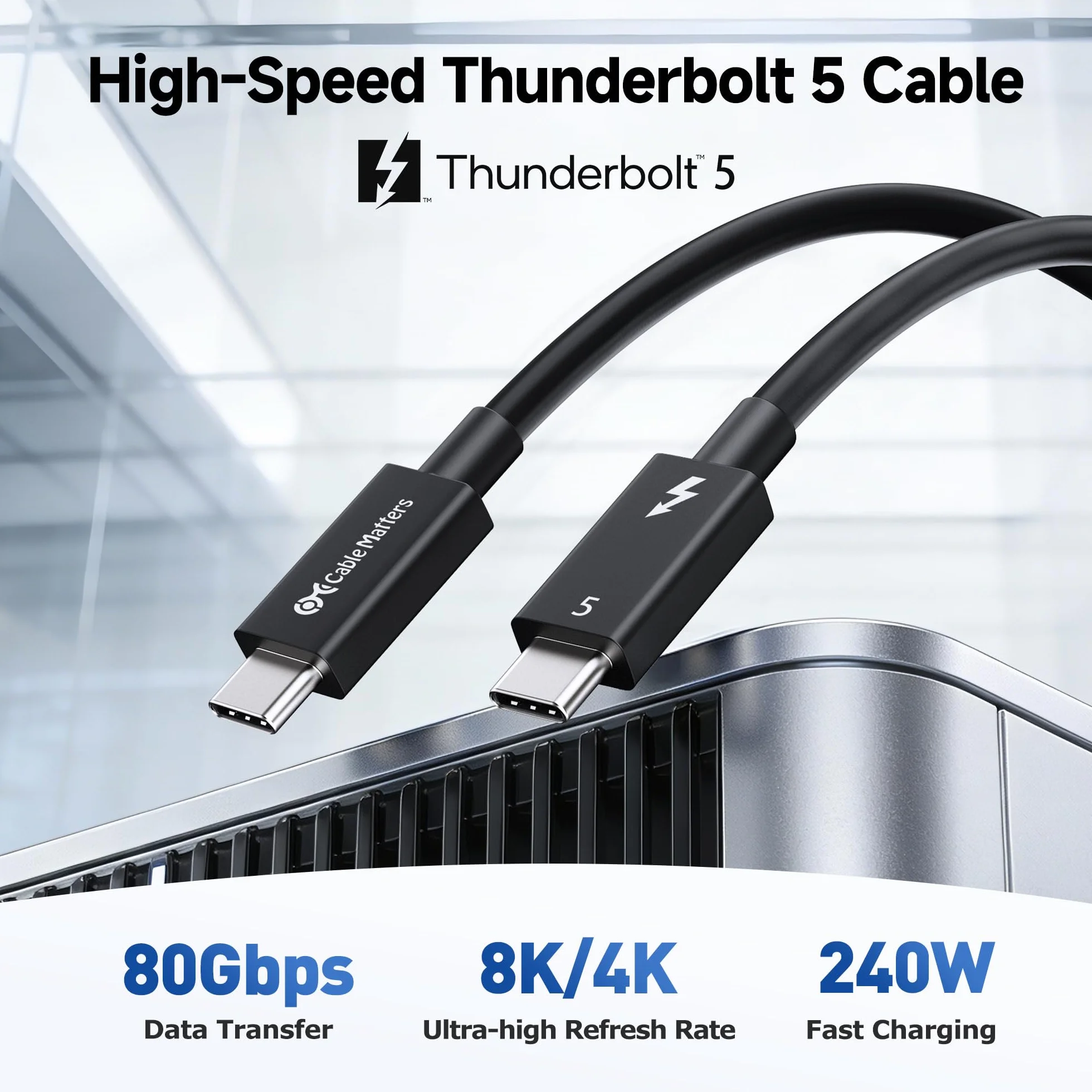 [Certyfikat Intel] Cable Matters kabel Thunderbolt 5 80Gb/s - 1m, Bandwidth Boost do 120Gb/s, ładowanie 240W PD 3.1, zgodny z Thunderbolt 4/USB4/USB-C, czarny