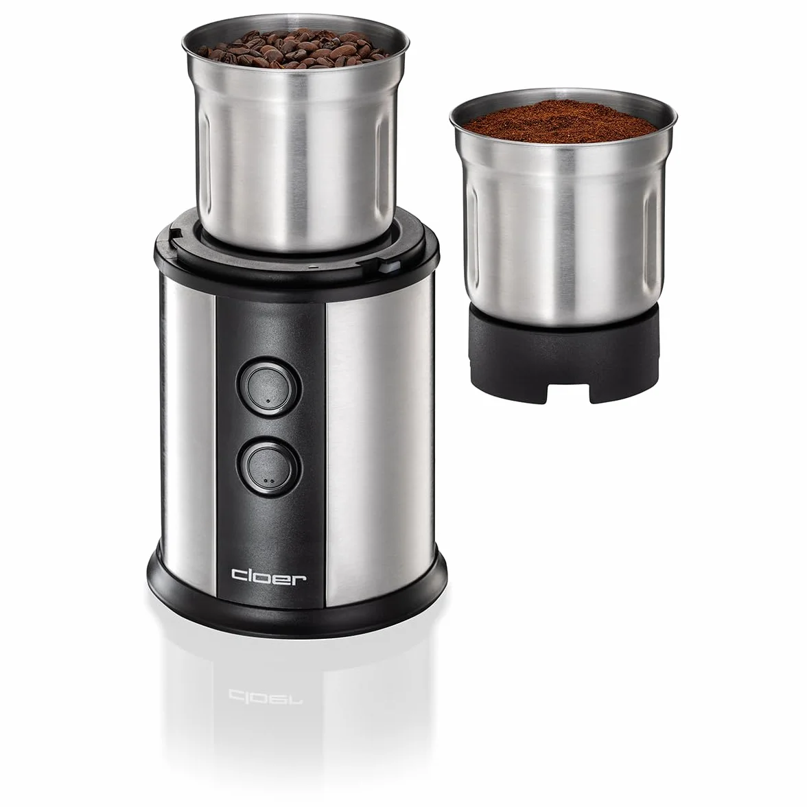 Cloer 7419 Elektryczny młynek do kawy i przypraw z nożem udarowym ze stali nierdzewnej, 350W, 2 wyjmowane pojemniki ze stali nierdzewnej, do pesto, ziół, orzechów i zbóż, do 80 g ziaren kawy