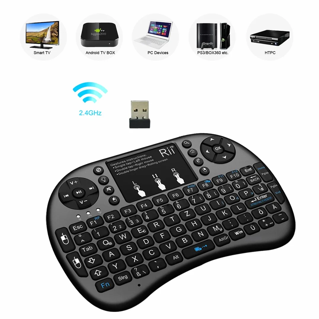 Rii Mini i8+ Wireless (QWERTZ) – mini podświetlana klawiatura z podkładką pod mysz Multi-Touch do Smart TV, mini PC, HTPC, komputerów i gier konsolowych